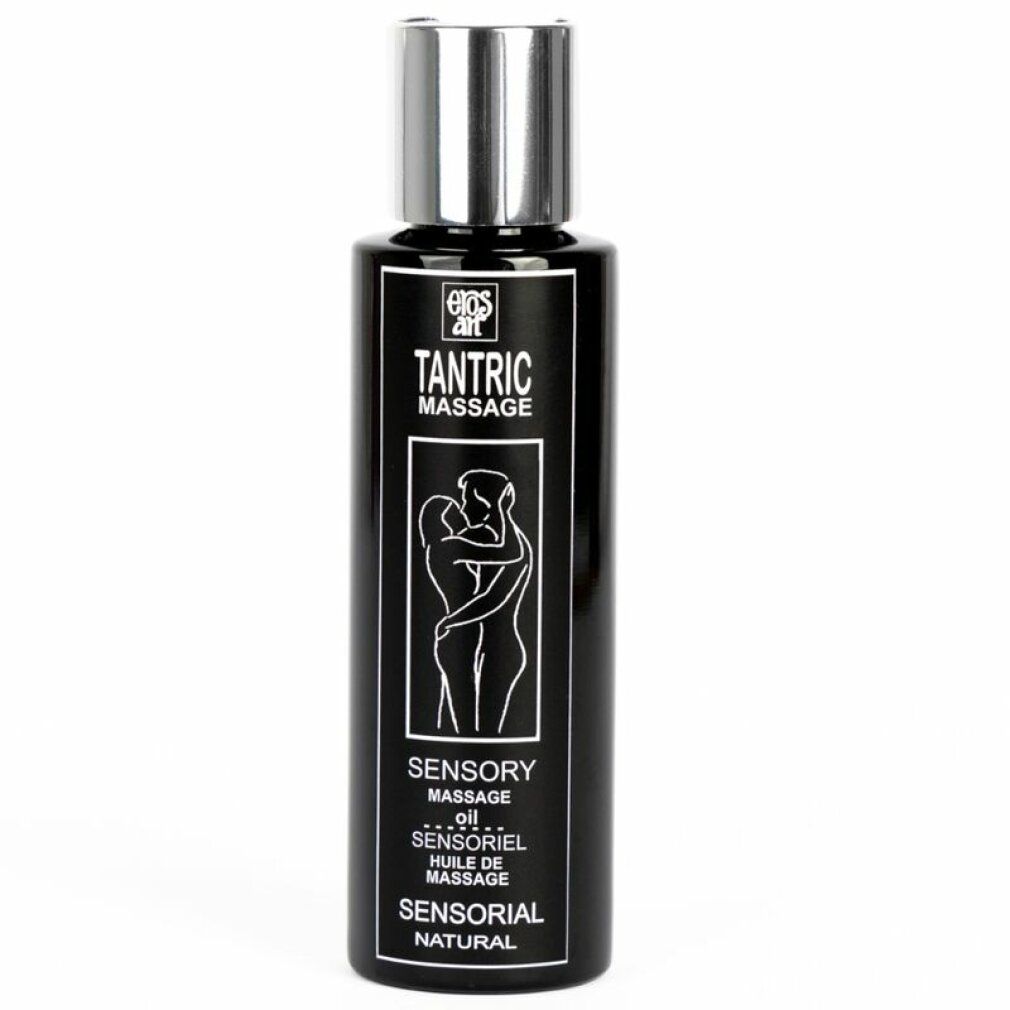 Bouteille noire d'huile de massage tantrique, bouchon argenté. Illustration d'un couple.