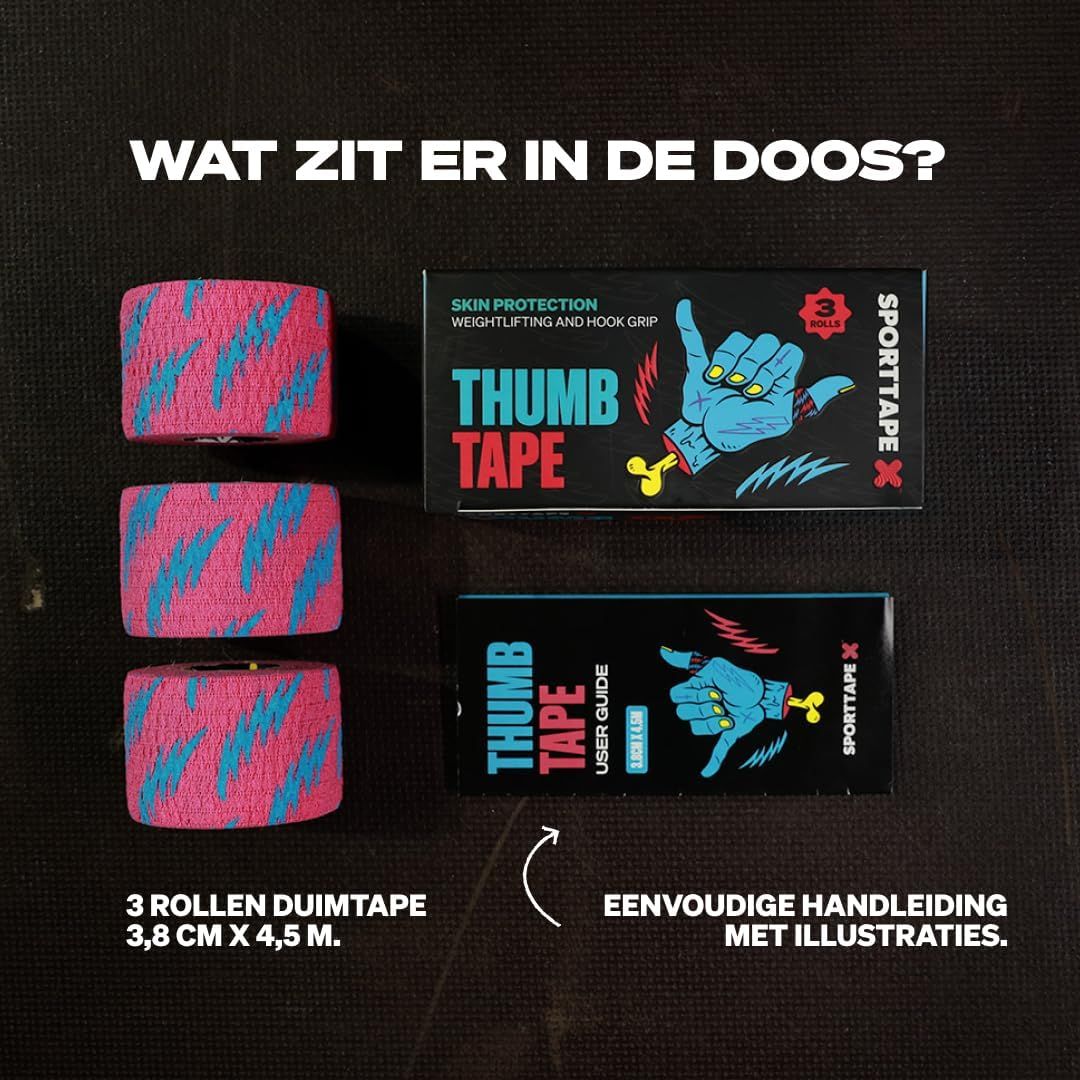 Drie rollen duimtape, roze met blauw patroon, 3,8 cm x 4,5 m. Inclusief doos en handleiding.