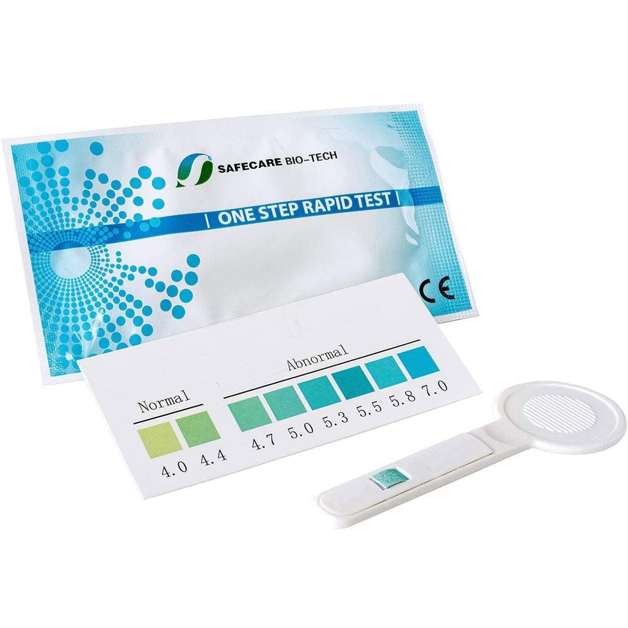Teststrip, pH-schaal, applicator en verpakking. Opschrift: ONE STEP RAPID TEST, SAFECARE BIO-TECH.