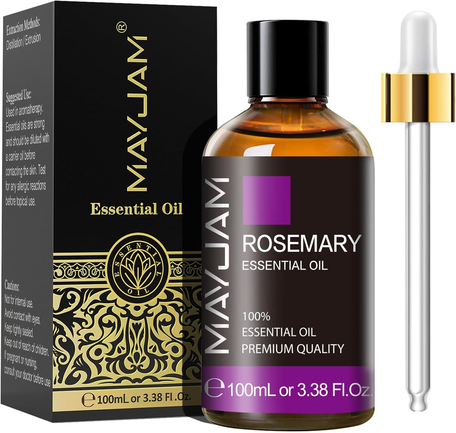 Bruine glazen fles met zwarte dop en pipet. Opschrift: MAYJAM, Rosemary Essential Oil, 100% Essential Oil, Premium Quality.