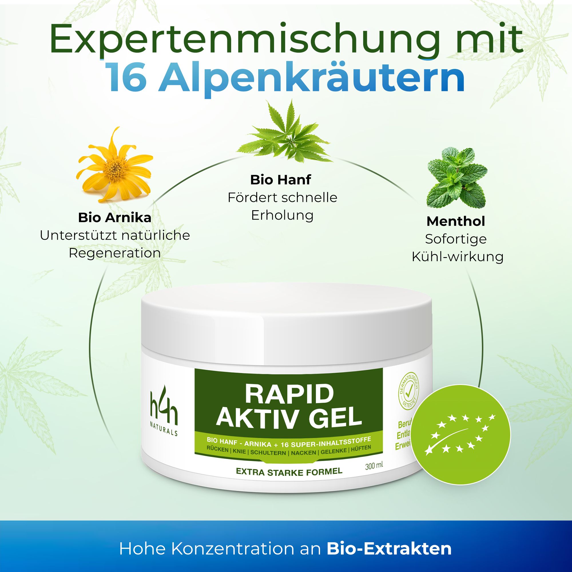 Witte pot met groen etiket. Tekst: Rapid Aktiv Gel. Ingrediënten: Bio hennep, Arnica, Menthol. Logo's: Bio-extract, Veganistisch.