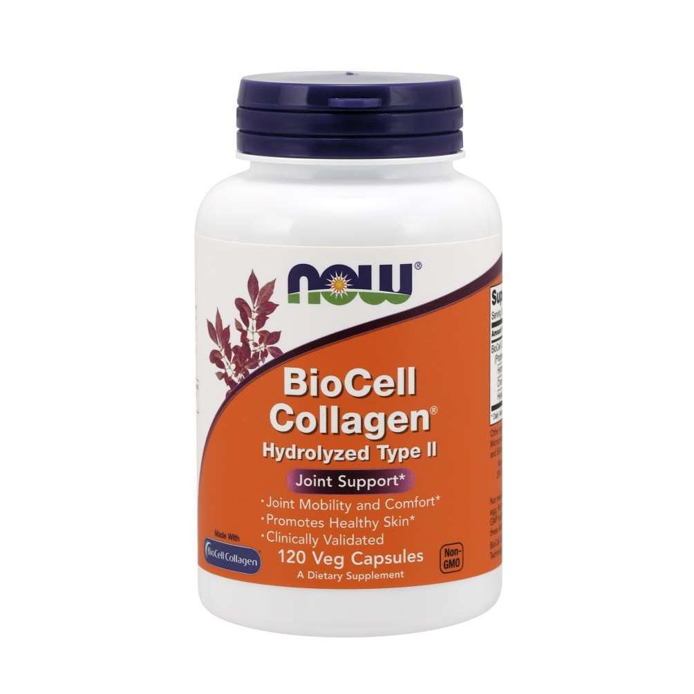 Witte fles met blauwe dop. Opschrift: BioCell Collagen, Hydrolyzed Type II, Joint Support. 120 Veg Capsules.