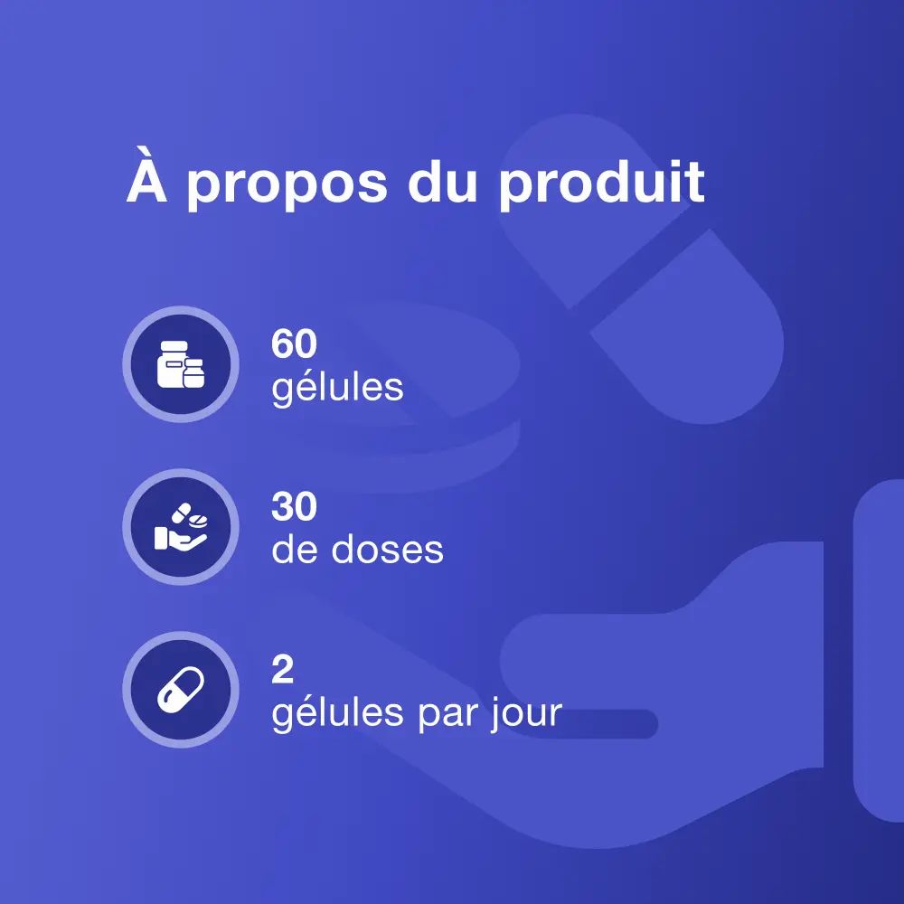 À propos du produit: 60 gélules, 30 doses, 2 gélules par jour. Illustration de main.
