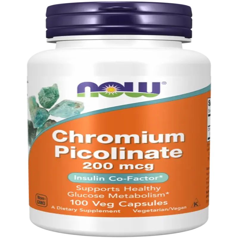 Witte fles met oranje etiket. NOW FOODS Chroompicolinaat 200 mcg. Blauwe dop. 100 Veg capsules.