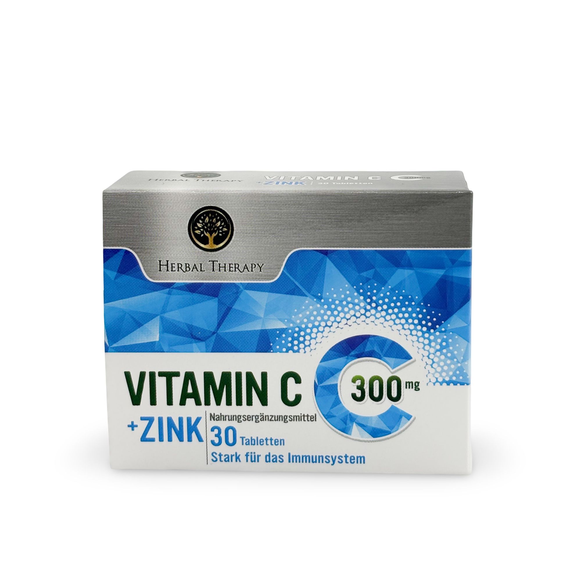 Doos "Herbal Therapy VITAMINE C 300 mg avec zinc". Blauwe en witte verpakking. Tekst: Vitamine C + Zink, 30 tabletten.