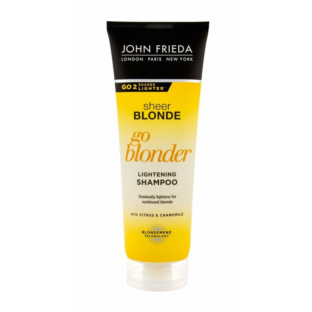 John Frieda Sheer Blonde Go Blonder shampoo. Gele tube met zwarte dop. Productnaam en logo duidelijk zichtbaar.