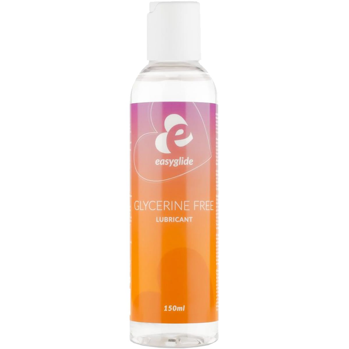 Flacon transparent avec bouchon blanc. Étiquette avec logo, texte "Glycerine Free Lubricant" et 150ml.