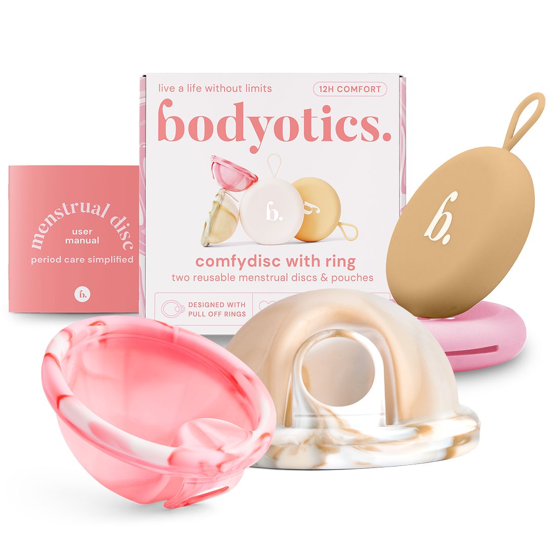 Bodyotics Comfydisc set met twee herbruikbare menstruatiediscs en zakjes van medische siliconen.