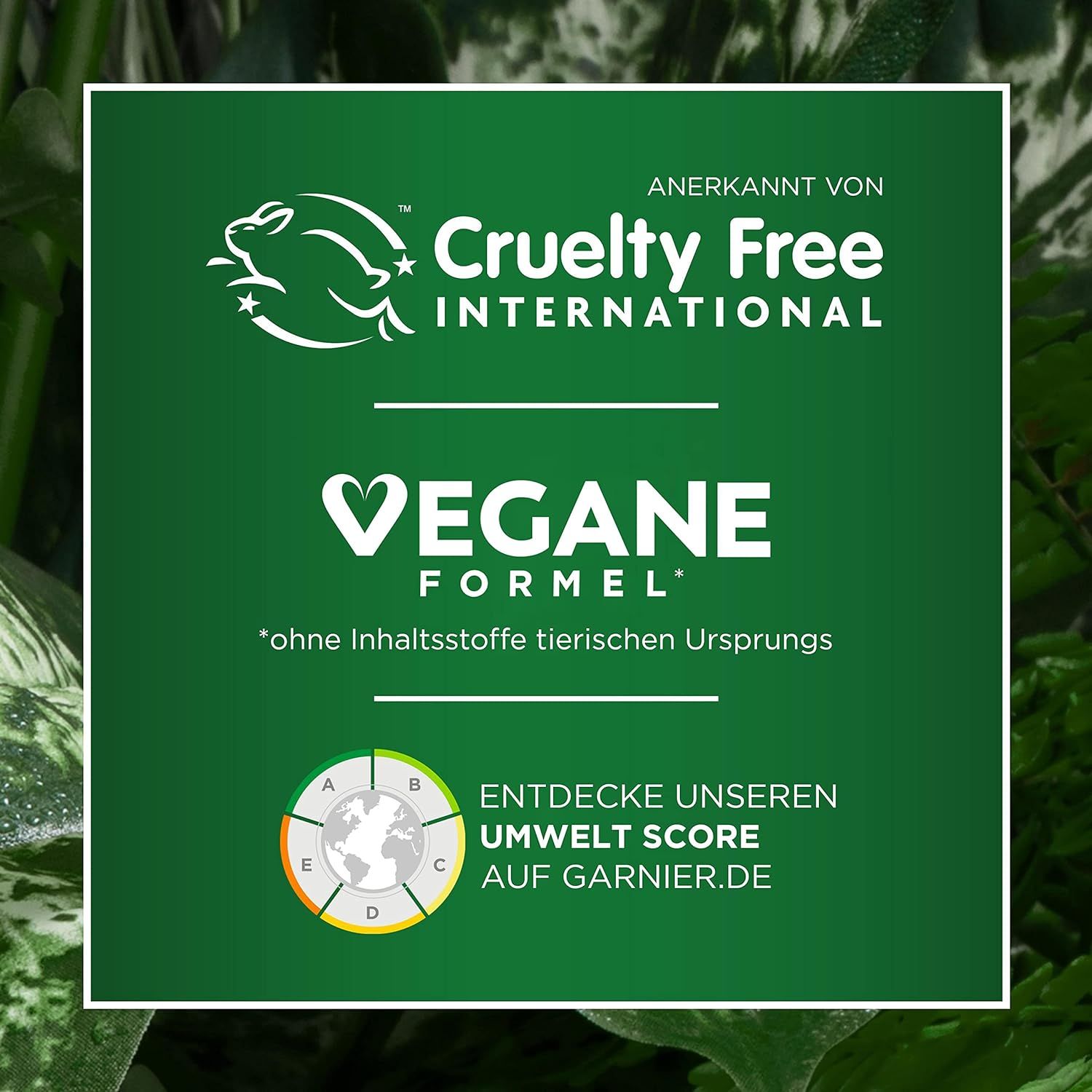Logo Cruelty Free International et Formule Vegan. Score environnemental sur Garnier.fr.