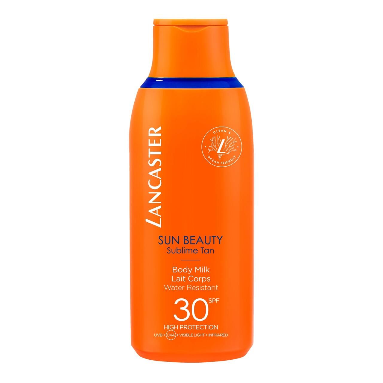 Bouteille orange avec accent bleu. Nom du produit et SPF 30 visibles. Texte: Lancaster, Sun Beauty, Body Milk, Water Resistant.