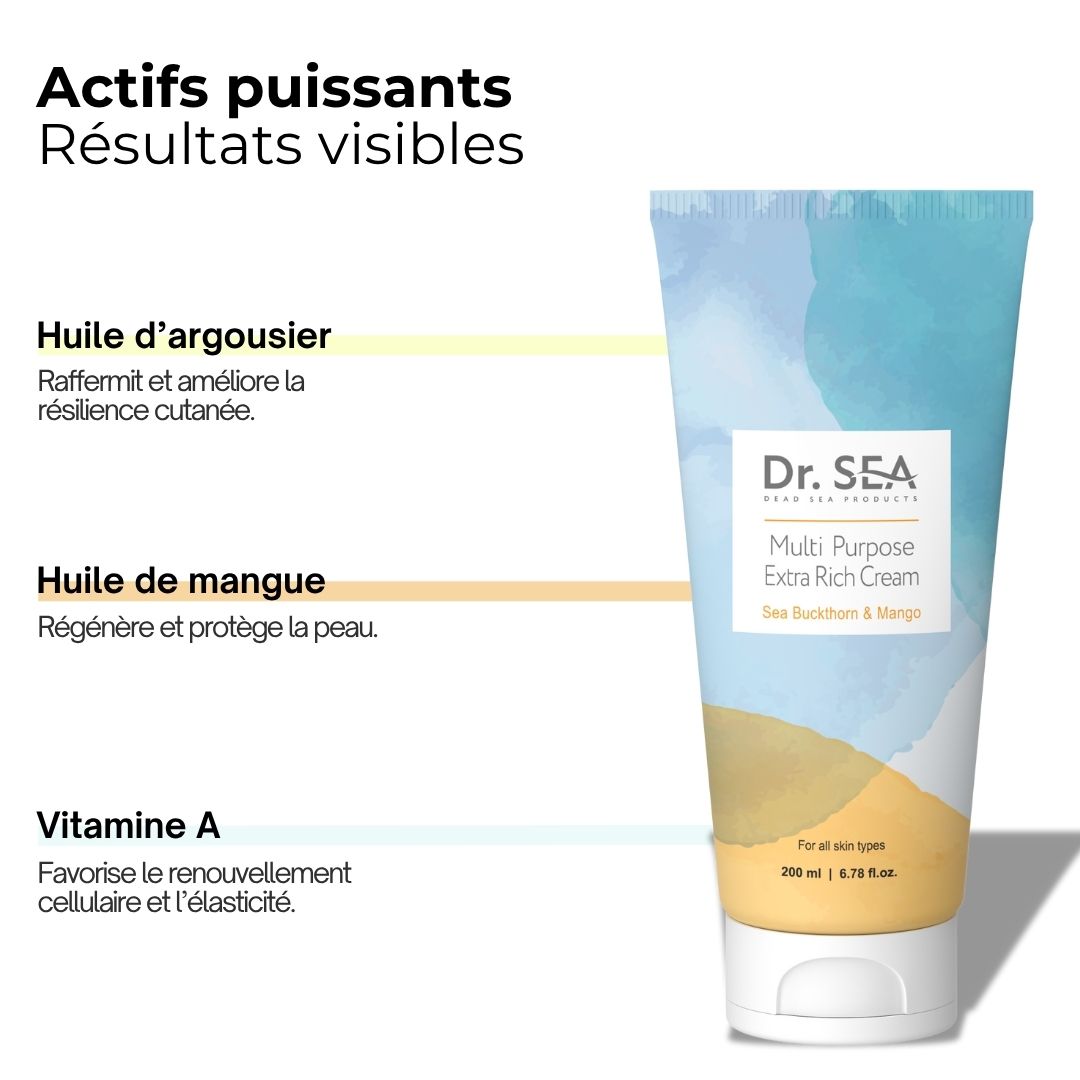 Tube DR. SEA Multi Purpose Extra Rich Cream, Mango. Texte avec ingrédients: huile d'argousier, huile de mangue, vitamine A.