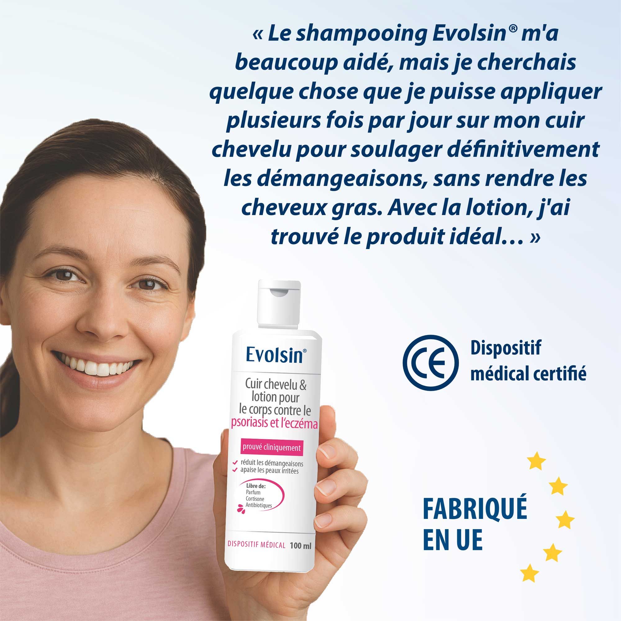 Femme avec flacon. Texte: Evolsin Cuir chevelu & lotion. Dispositif médical. Fabriqué en UE. Certifié. Aide contre les démangeaisons, sans graisser les cheveux.