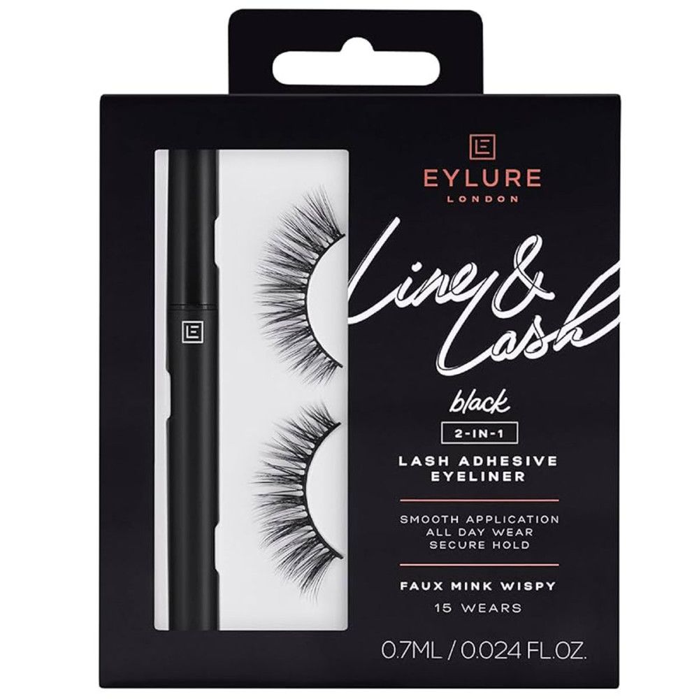 Verpakking van Eylure London Line & Lash. Bevat wimpers en eyeliner. Zwarte verpakking met witte tekst.