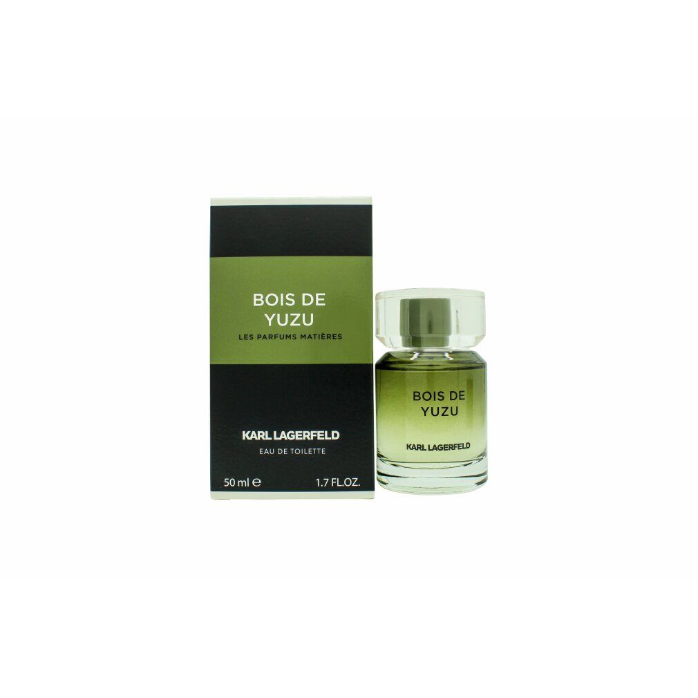 Flacon et emballage Karl Lagerfeld Bois de Yuzu. Emballage vert et noir, flacon avec bouchon transparent.