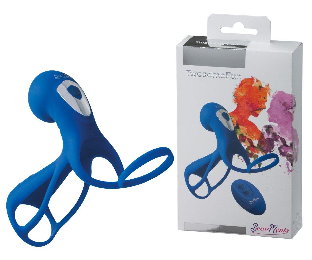 Produit et emballage de BeauMents Twosome Fun bleu. Produit bleu et télécommande ovale.