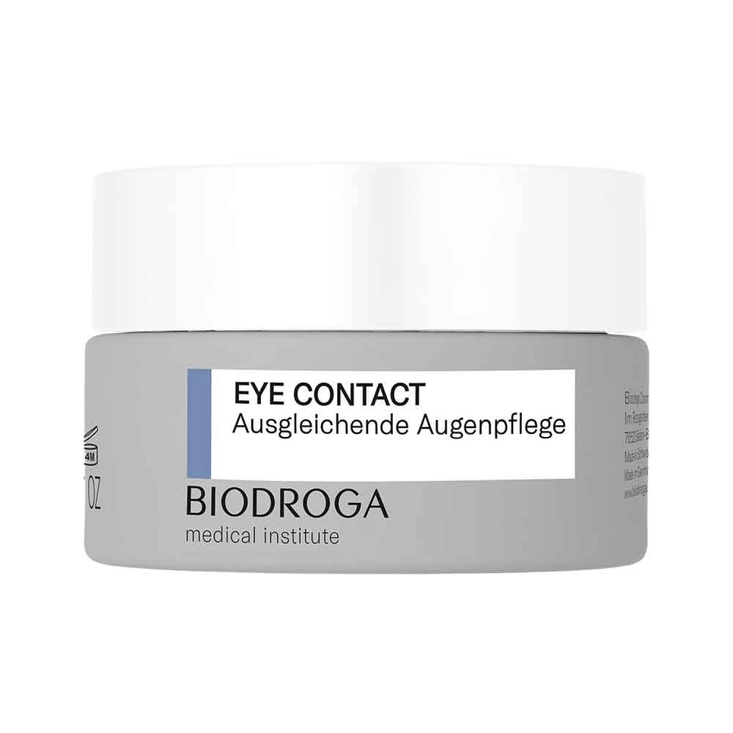 Grijze pot met witte deksel. Opschrift EYE CONTACT, Ausgleichende Augenpflege en BIODROGA medical institute.