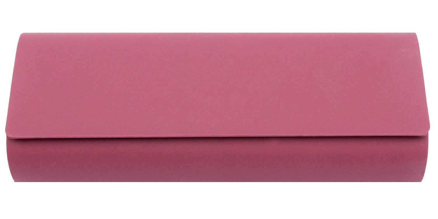 Étui rigide rose. Forme rectangulaire avec fermeture à rabat. Surface lisse.