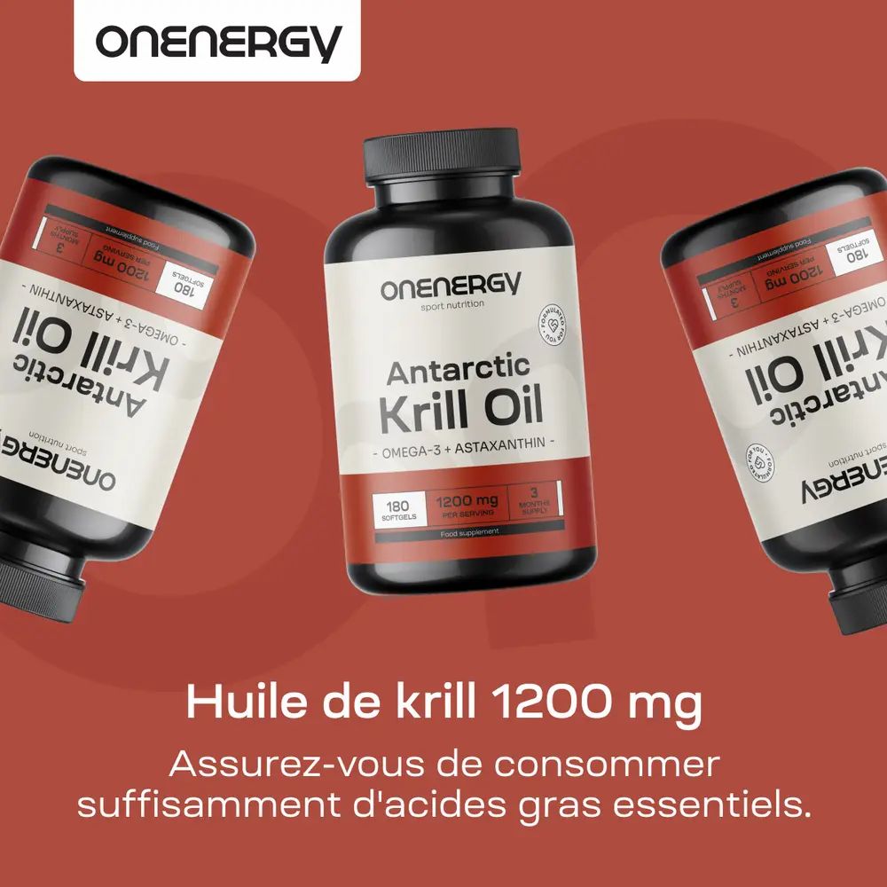 Trois flacons avec gélules. Texte : Huile de krill 1200 mg. Assurez-vous de consommer suffisamment d'acides gras essentiels.