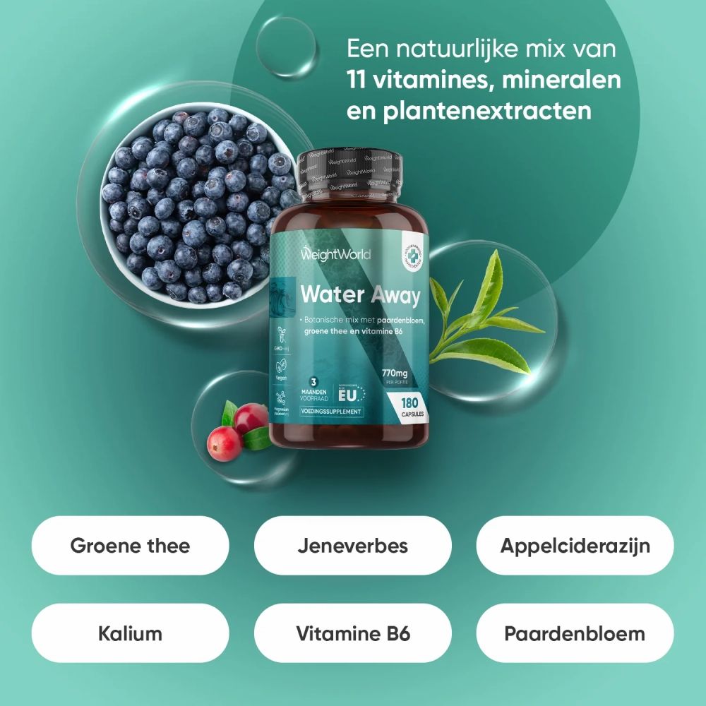 Bruine fles Water Away. 180 capsules. Ingrediënten: groene thee, jeneverbessen, appelciderazijn, etc. Vegan, gemaakt in de EU.