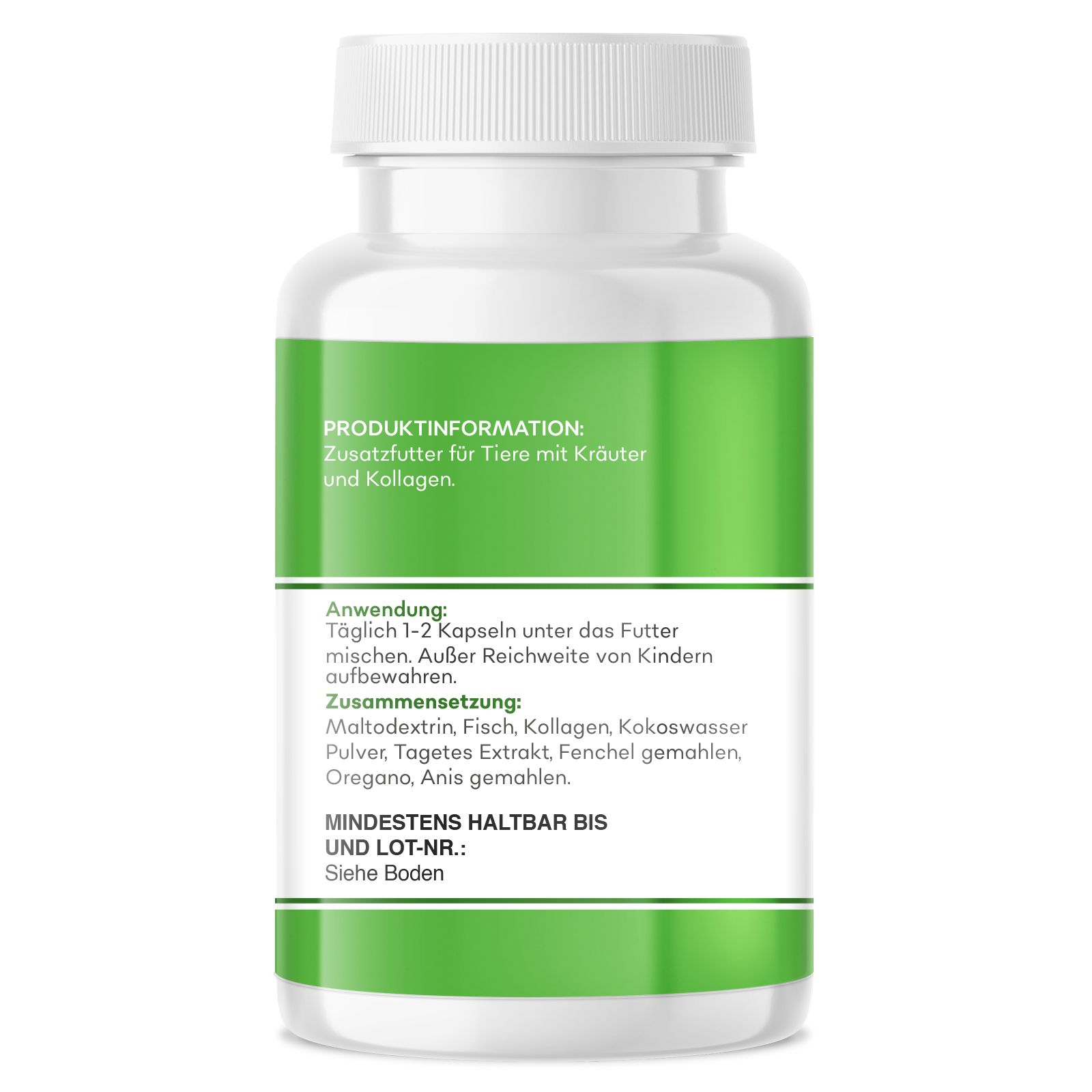 Achterkant van de fles. Groen etiket met productinfo, gebruik en samenstelling. Ten minste houdbaar tot.