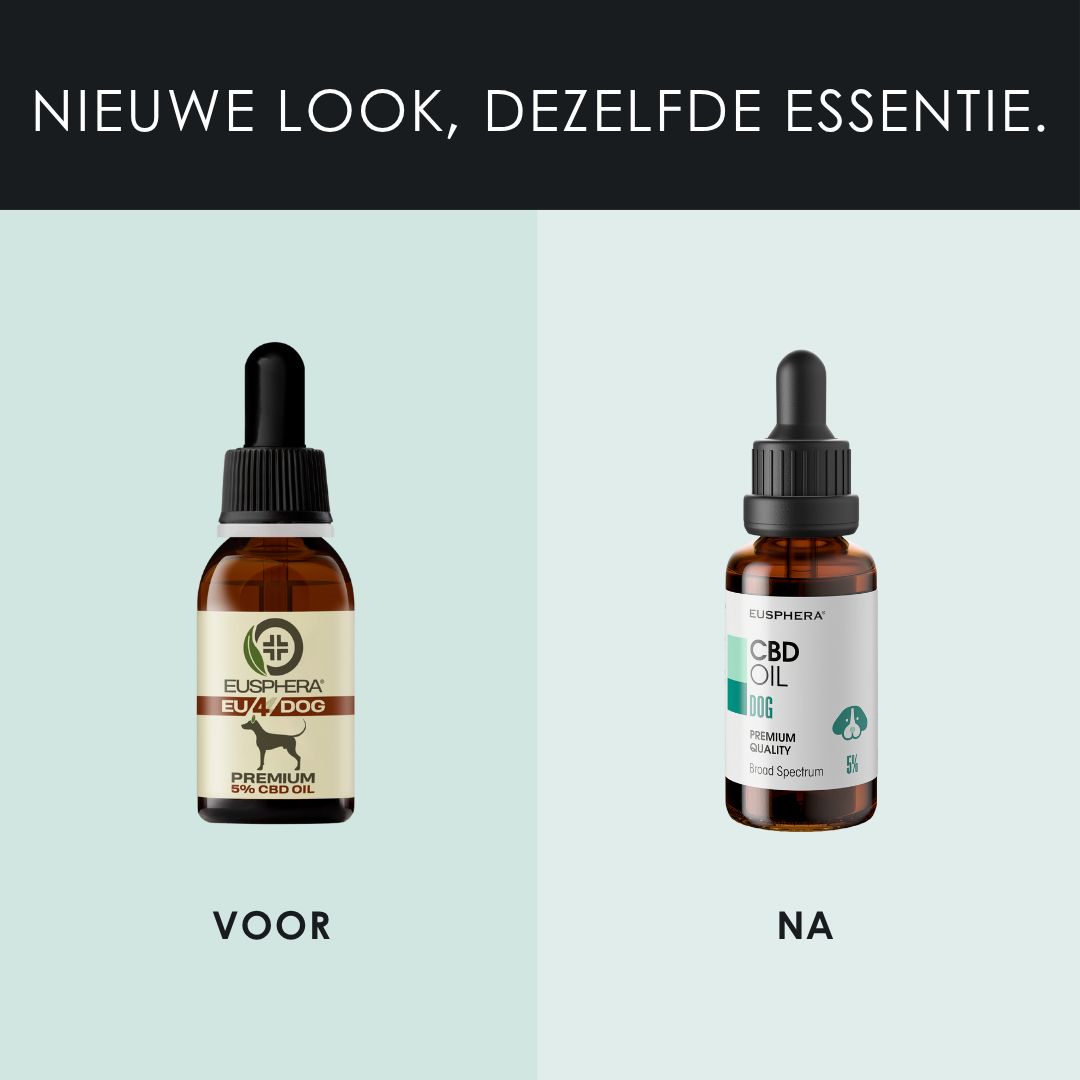 Voor-na vergelijking van CBD-olieflesjes. Tekst: Nieuwe look, dezelfde essentie.