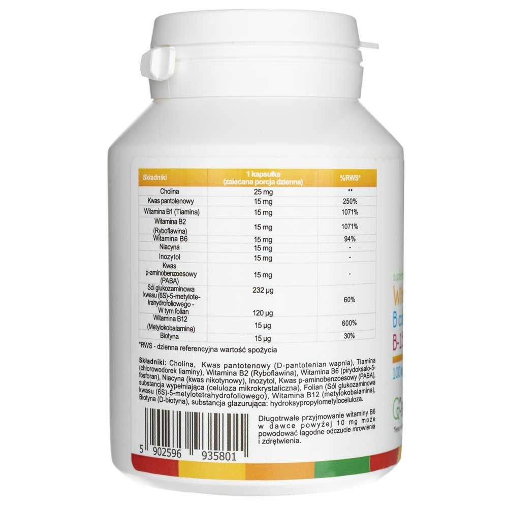 Arrière d'une boîte de gélules Aliness Vitamina B Komplex B-15 Methyl avec informations nutritionnelles.
