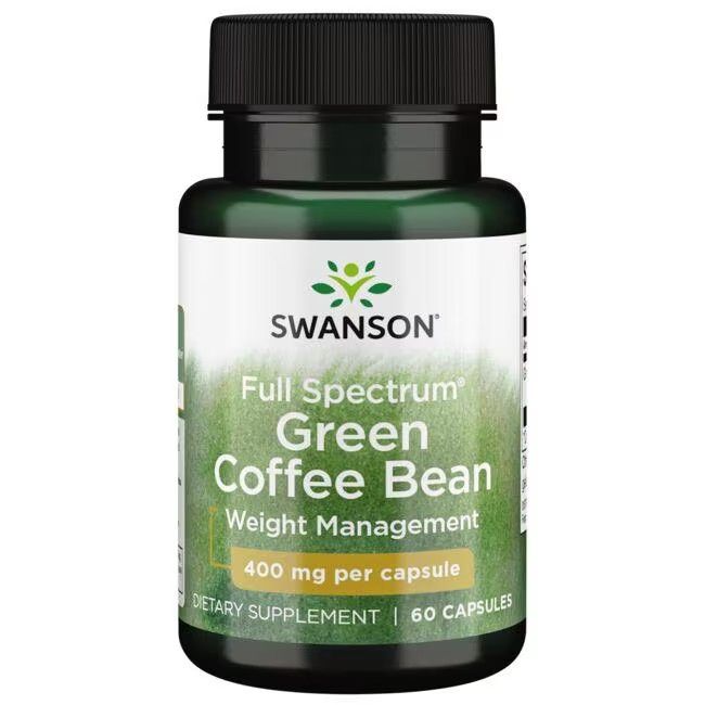 Groene koffieboon capsules in groene fles. Opschrift: Swanson, Green Coffee Bean, 400 mg per capsule. 60 capsules.