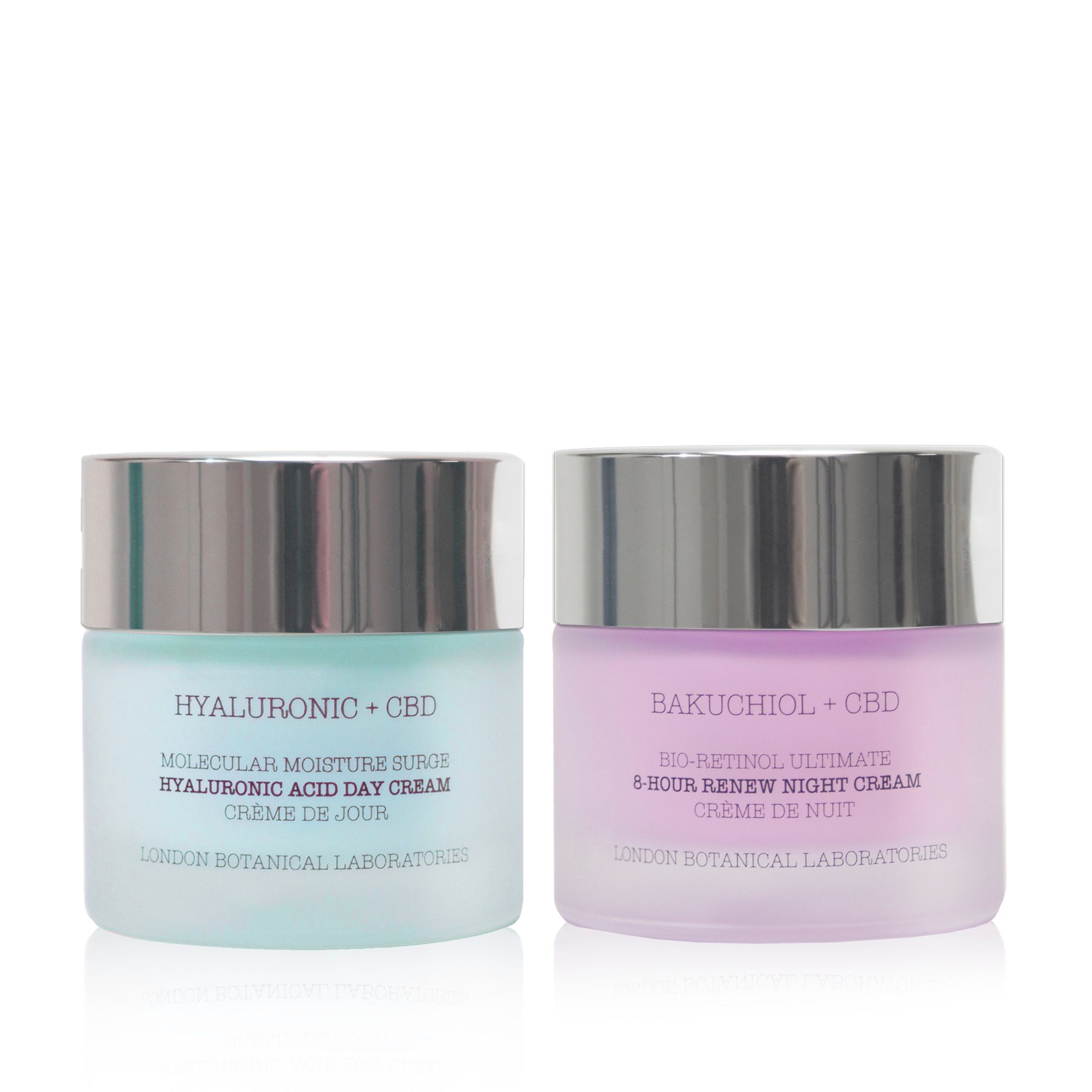 Deux pots de crème avec couvercles argentés. À gauche : crème bleu clair, inscription "Hyaluronic + CBD". À droite : crème rose, inscription "Bakuchiol + CBD".