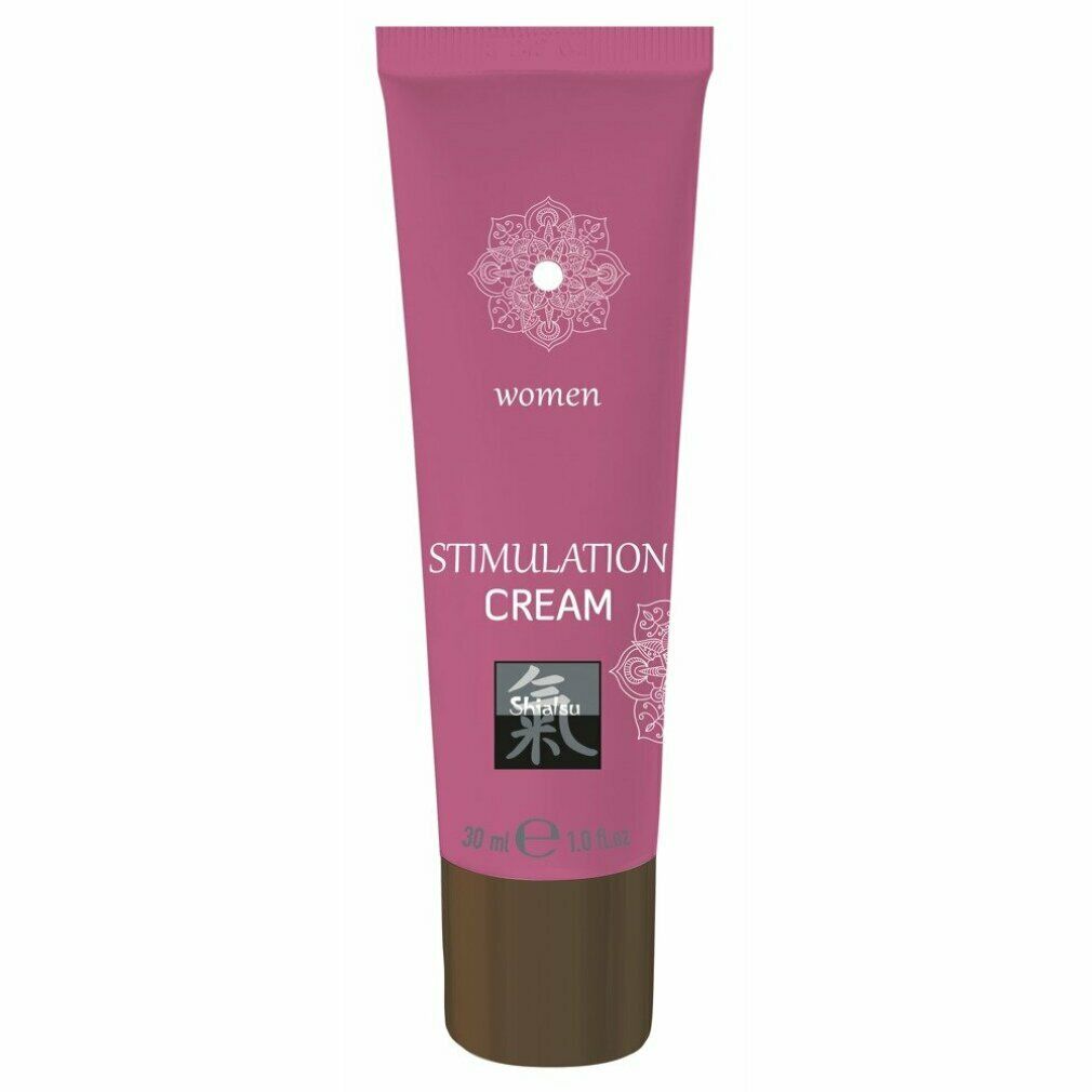 Tube rose avec bouchon marron. Inscription : Stimulation Cream, Shiatsu, women. 30 ml.