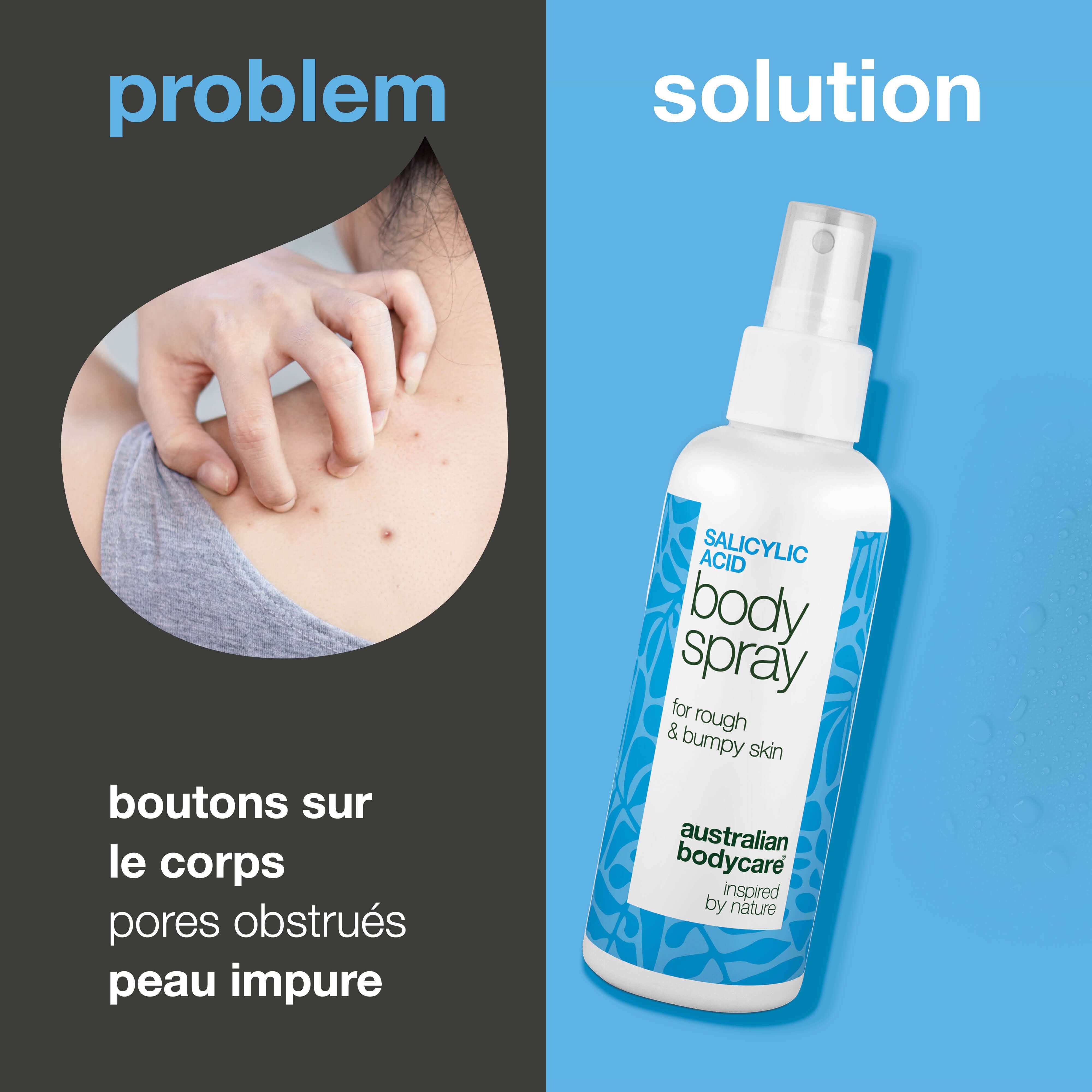 Comparaison : problème (peau avec boutons) et solution (spray). Flacon spray avec texte : Salicylic Acid Body Spray. Marque : Australian Bodycare.