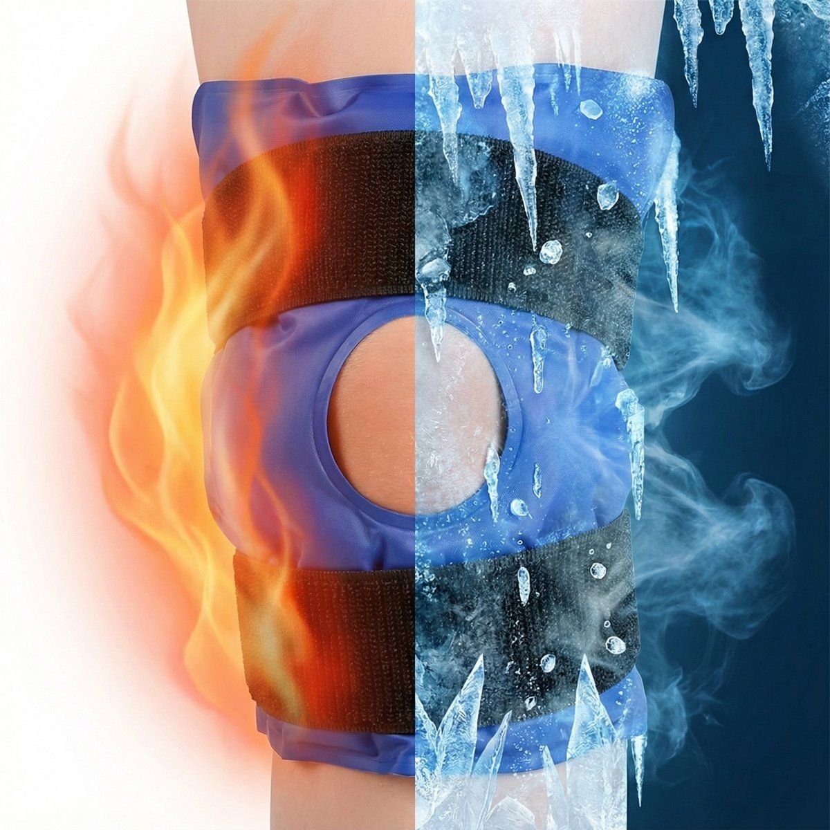 Genouillère bleue avec sangles noires. Flammes à gauche, glace à droite. Pour la thérapie par la chaleur et le froid.