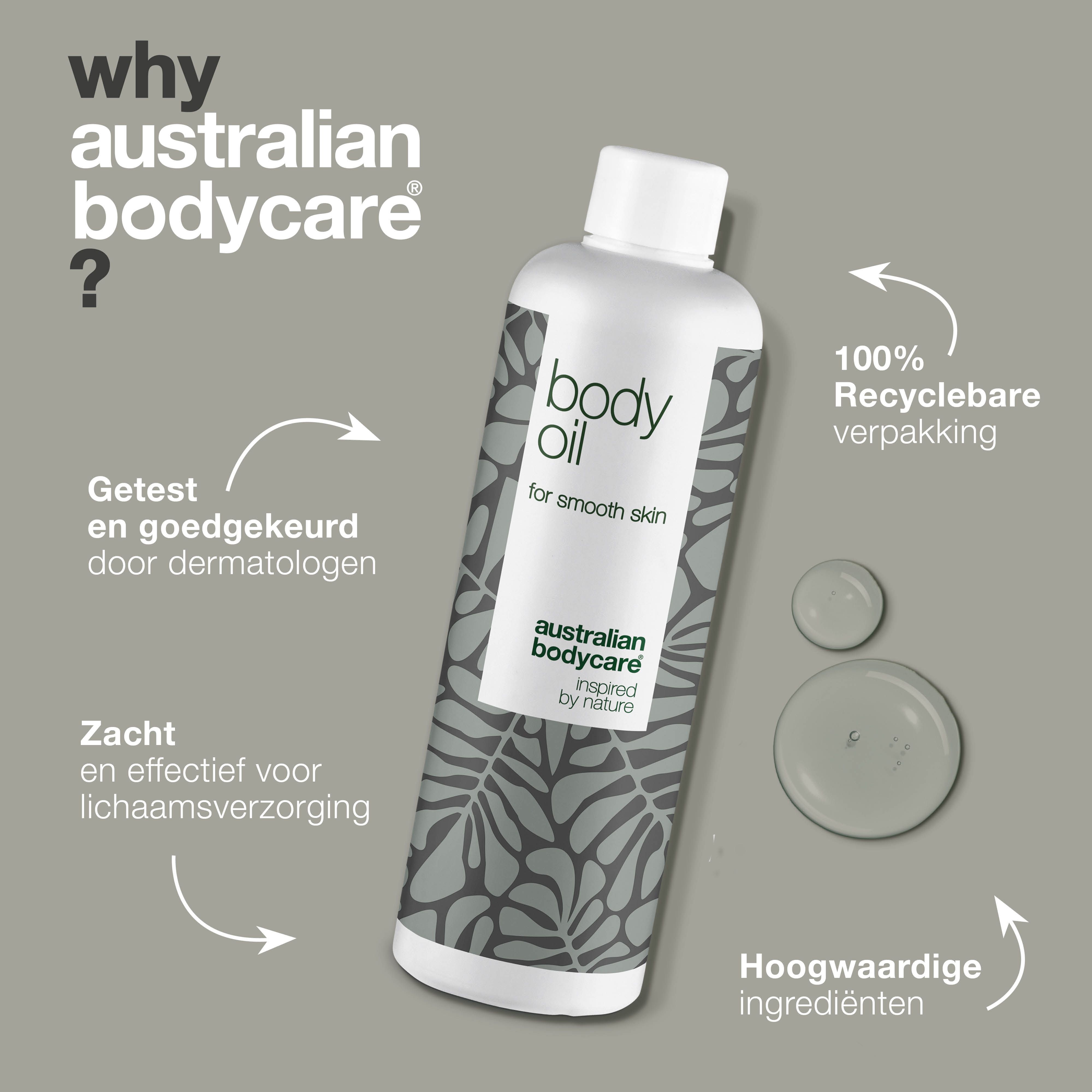 Product met tekst en infographic. Opschrift: body oil, australian bodycare.