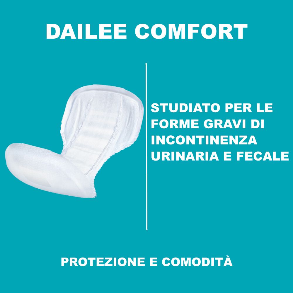 Produit Dailee Comfort blanc. Texte : Conçu pour les formes sévères d'incontinence urinaire et fécale. Protection et confort.