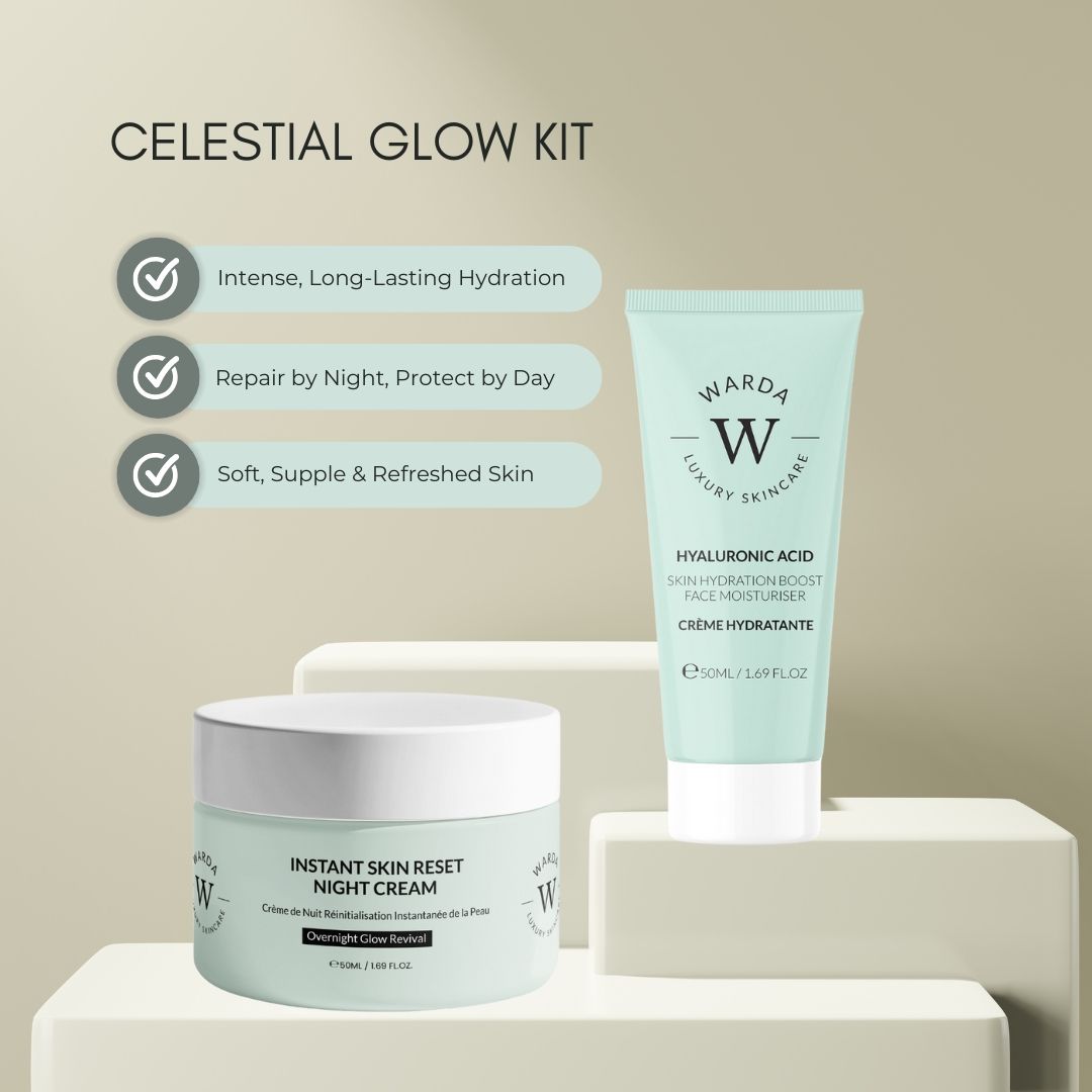 Deux produits sur socle. Pot et tube. Vert clair avec texte blanc. Inscriptions : Warda Luxury Skincare, Instant Skin Reset Night Cream, Crème hydratante à l'acide hyaluronique.