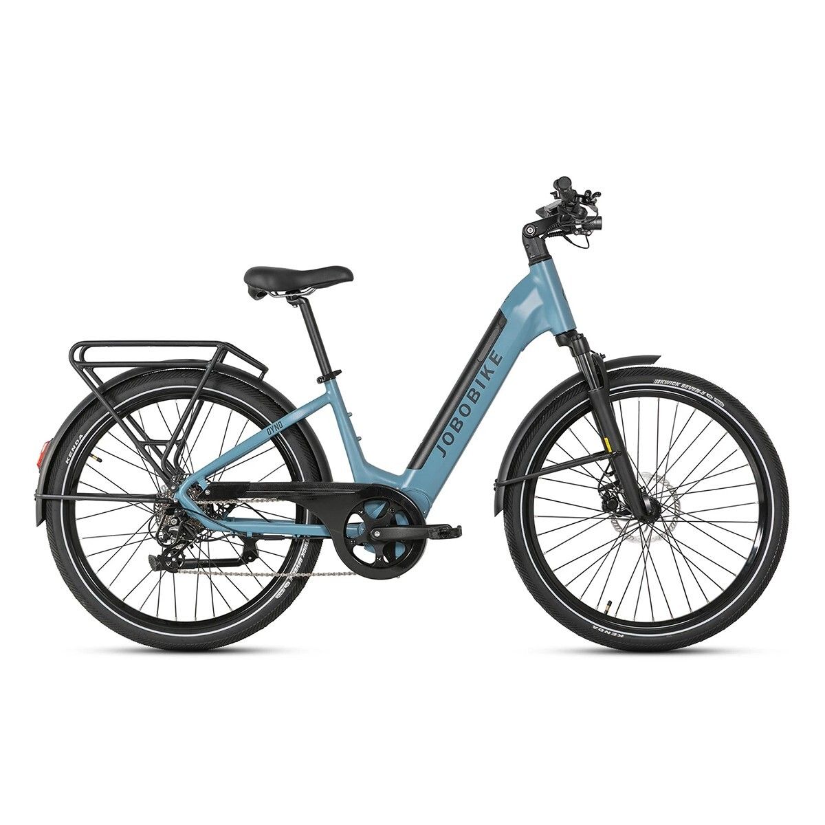 Vélo électrique bleu avec porte-bagages. Logo JOBOBIKE sur le cadre. Garde-boue et pneus noirs.