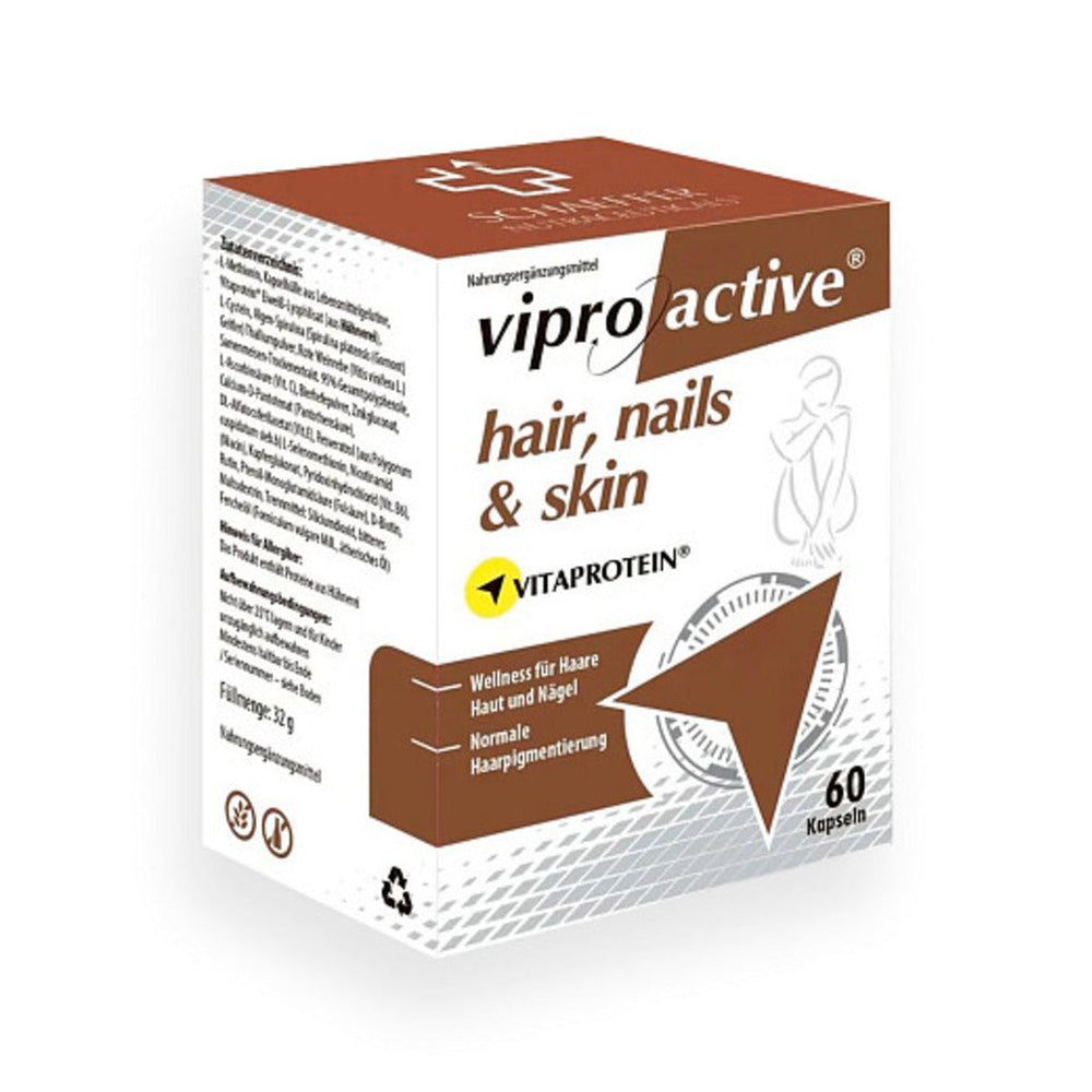 Verpakking Viproactive® Hair, Nails & Skin. Bruine doos met 60 capsules. Productafbeelding.