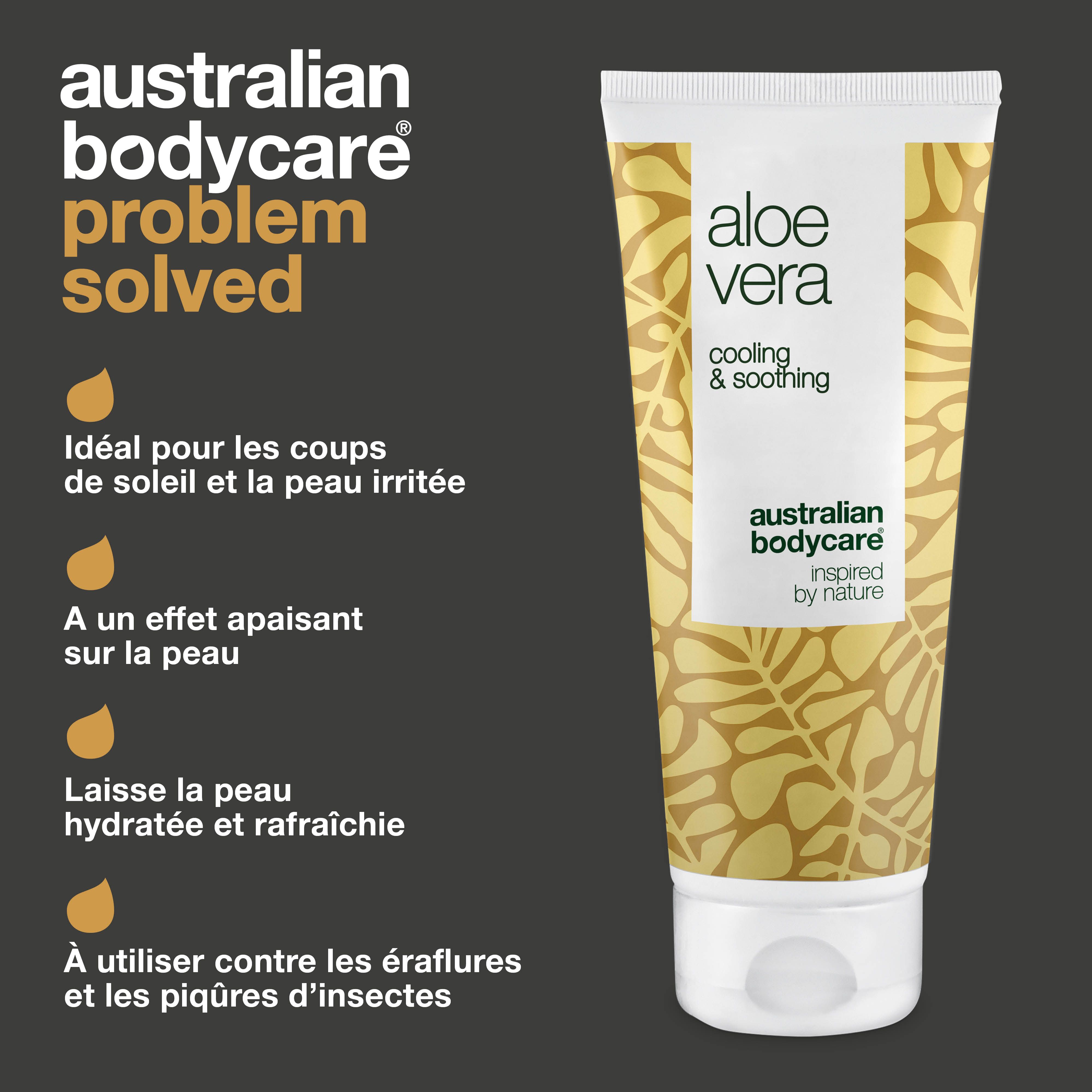 Gel d'aloe vera, texte : cooling & soothing, Australian Bodycare. Avantages : apaisant, hydratant.