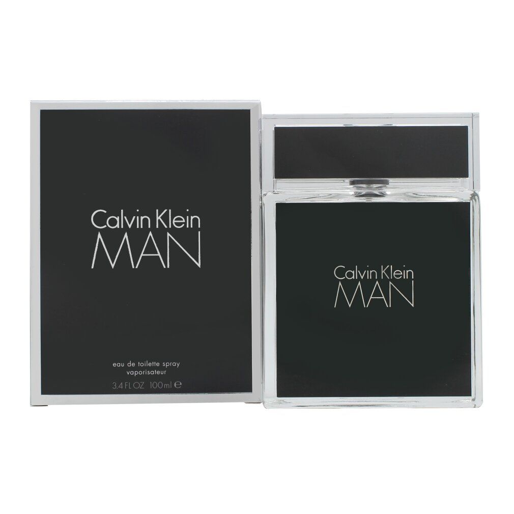 Zwarte doos en fles. Opschrift Calvin Klein MAN. Fles met zilveren dop.