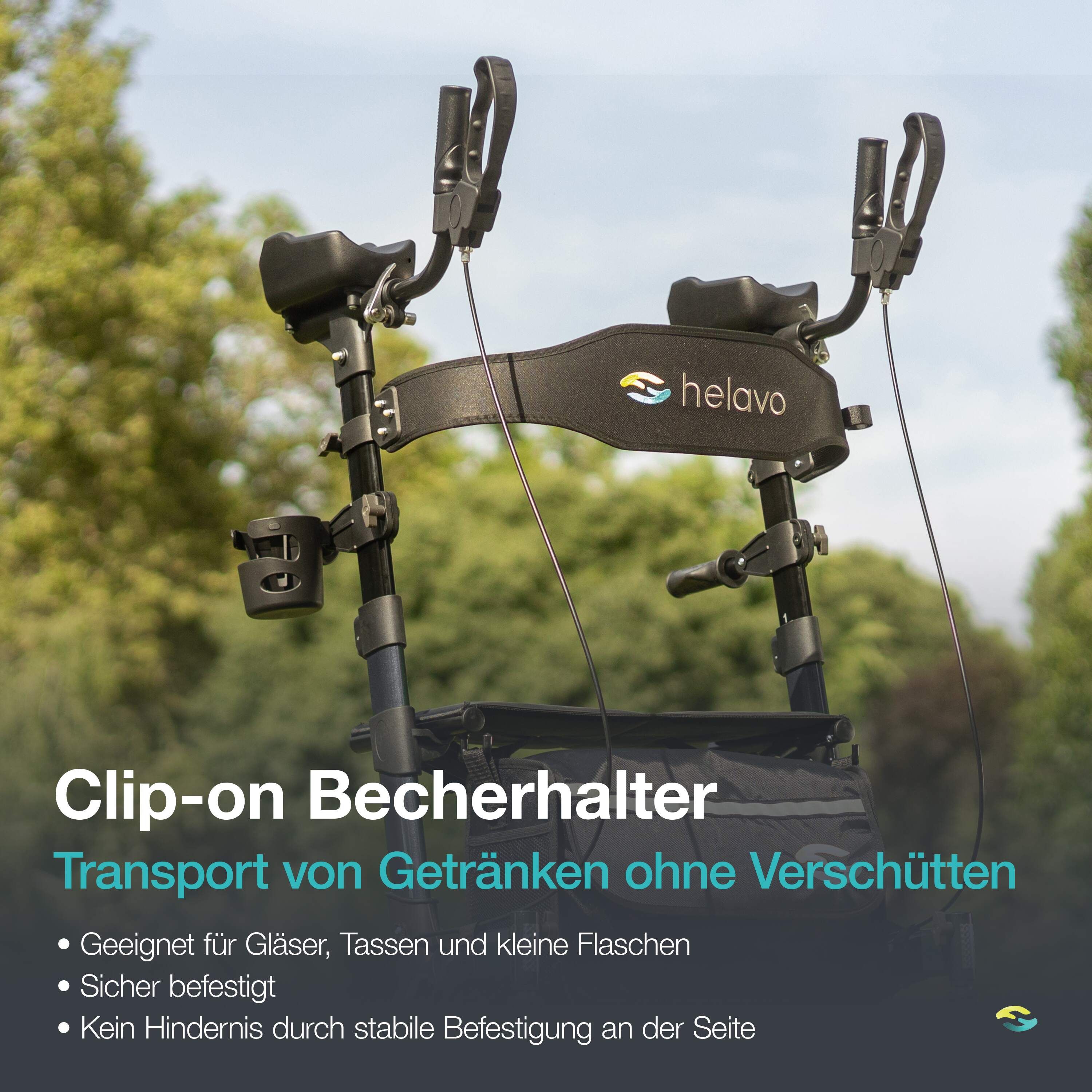 Gedetailleerde weergave van de bekerhouder op een zwarte rollator.