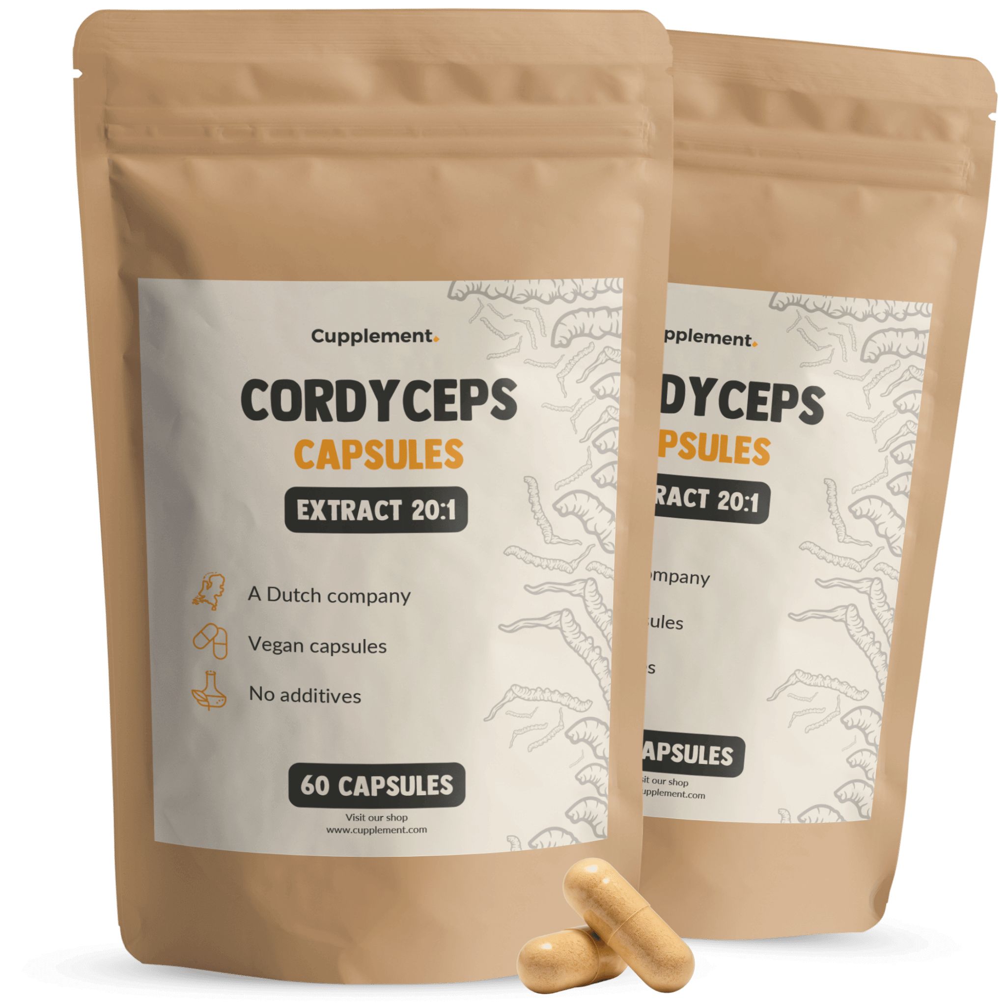 Twee zakjes Cordyceps capsules. Opschrift: Cordyceps Capsules Extract 20:1. 60 capsules. Vegan.