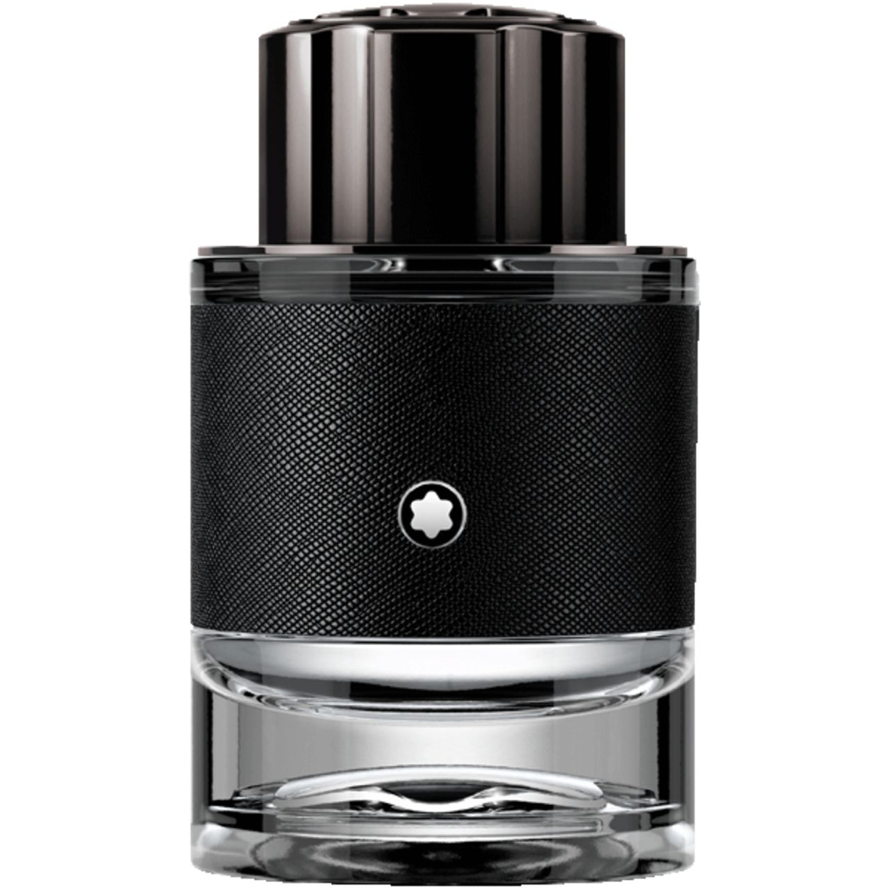 Flacon Montblanc Explorer Eau de Parfum avec finition texturée noire et emblème argenté.