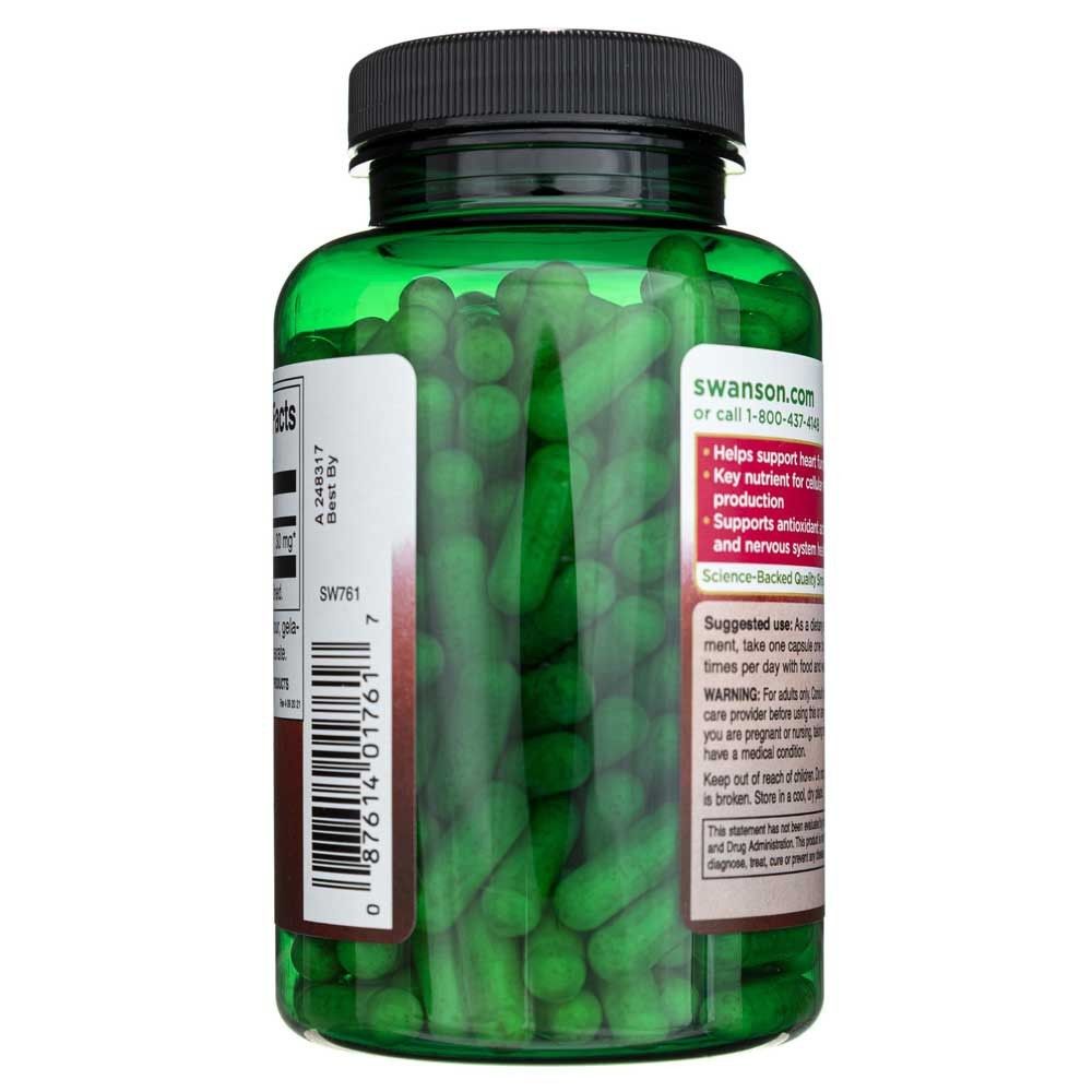 Zijaanzicht van een groene fles met Swanson CoQ10 capsules, met gebruiksinstructies.