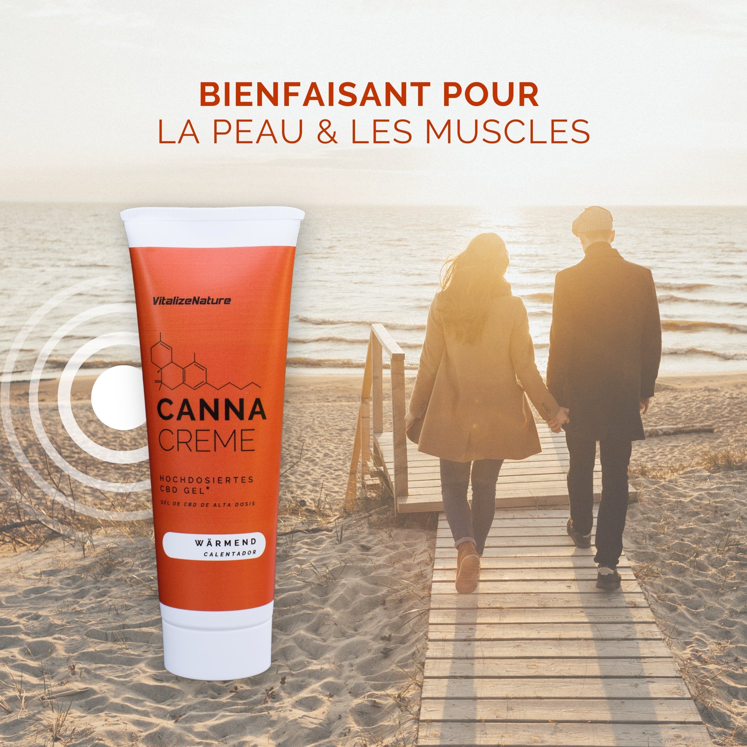 Couple marchant sur la plage. Tube de Canna Creme. Texte: Canna Creme, wärmend.