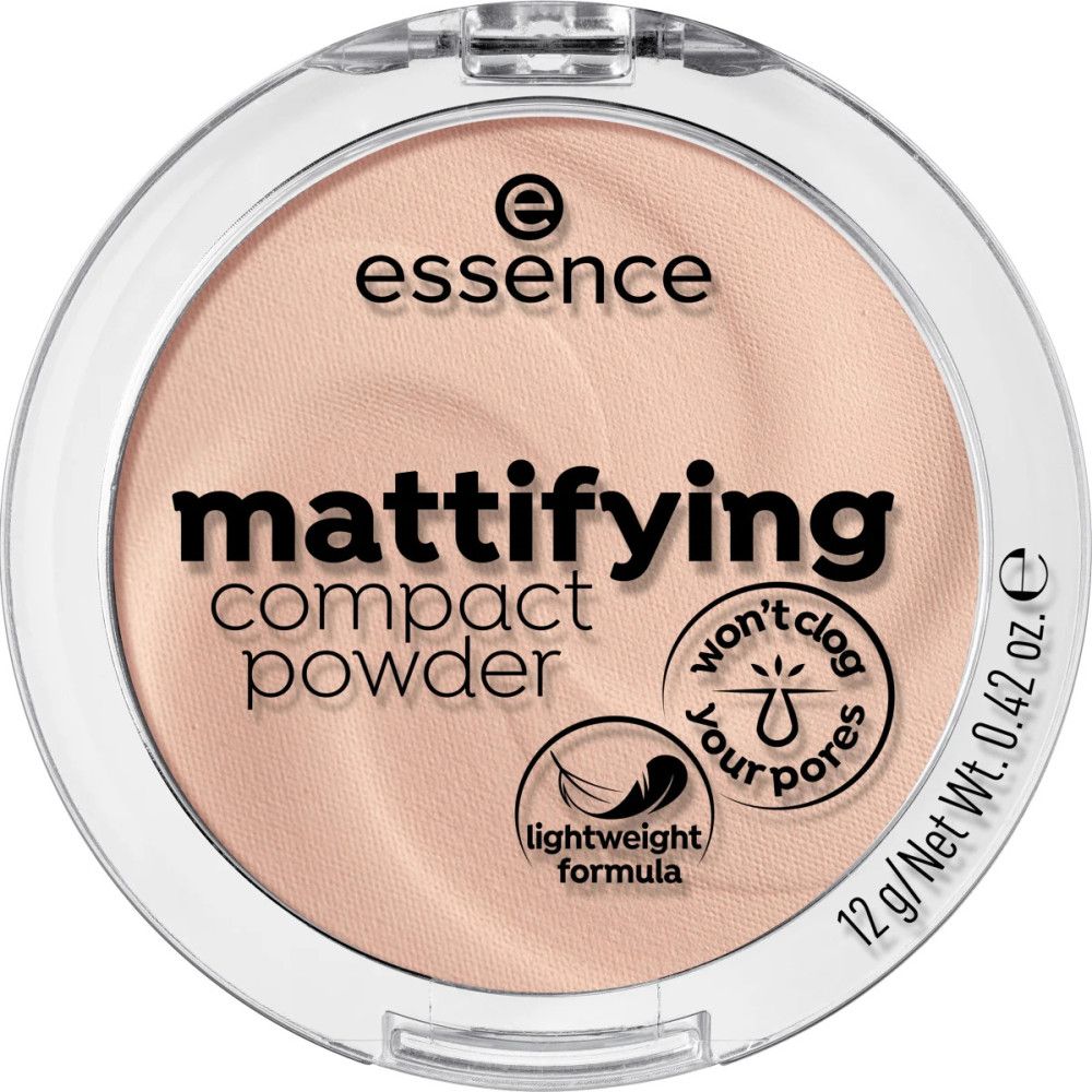 Poudre compacte en boîtier rond transparent. Inscription 'essence mattifying compact powder'.