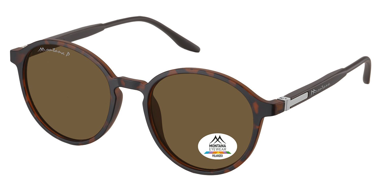 Lunettes de soleil, verres bruns, monture marron. Logo Montana Eyewear sur verre et branche.