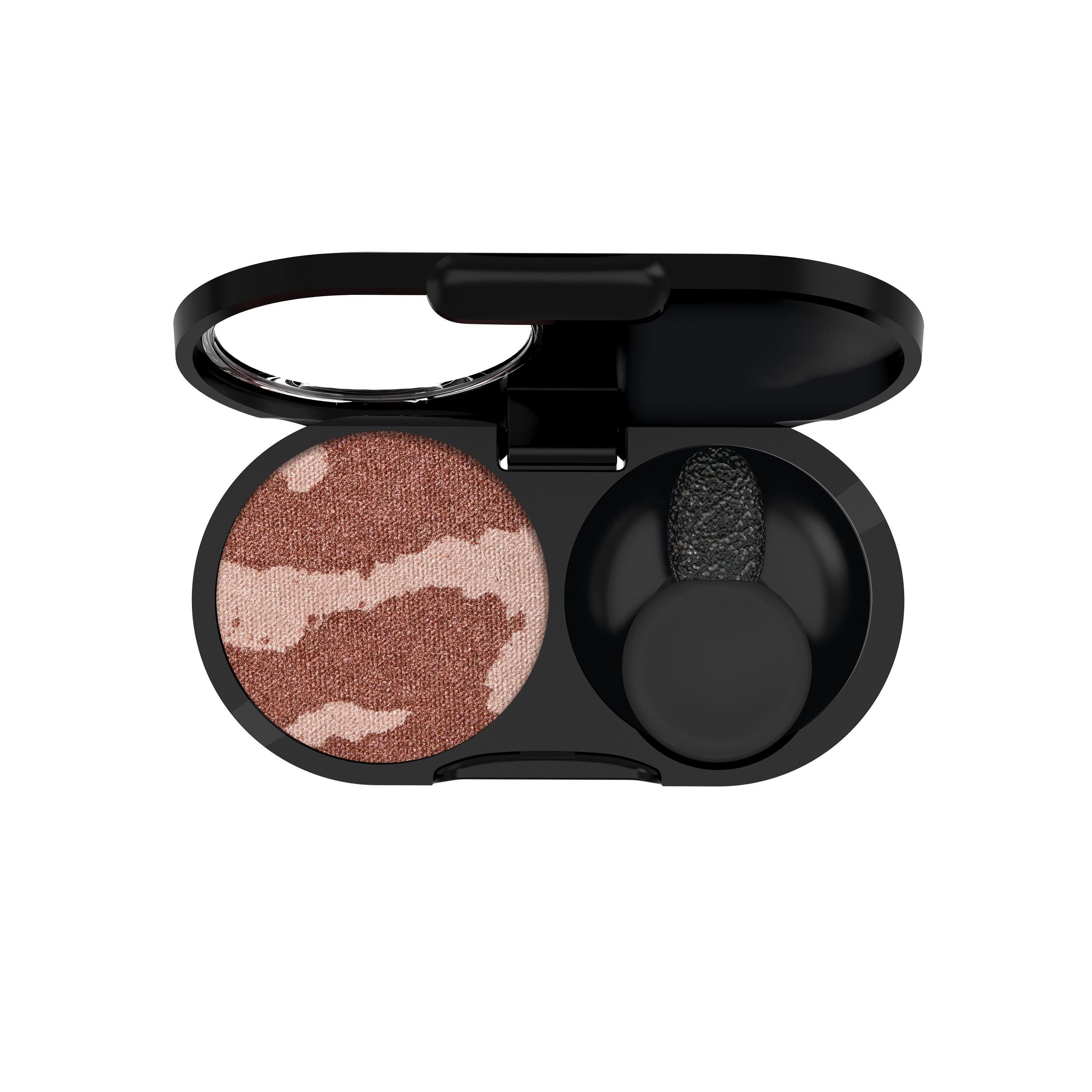 Ombre à paupières compacte bronze avec marbrures claires et applicateur.