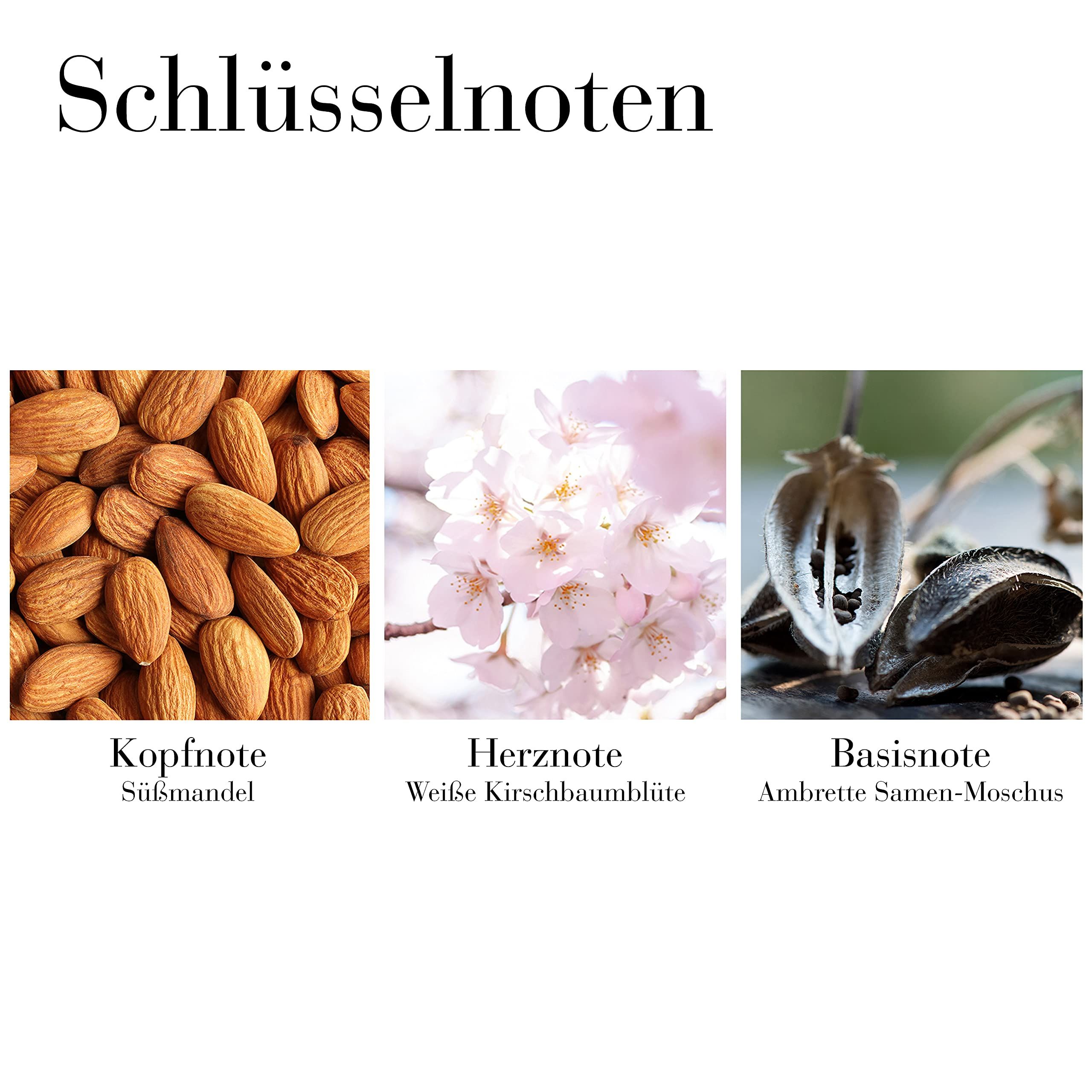 Drie afbeeldingen van ingrediënten. Amandelen, kersenbloesem, ambrettezaadmuskus. Sleutelnoten.