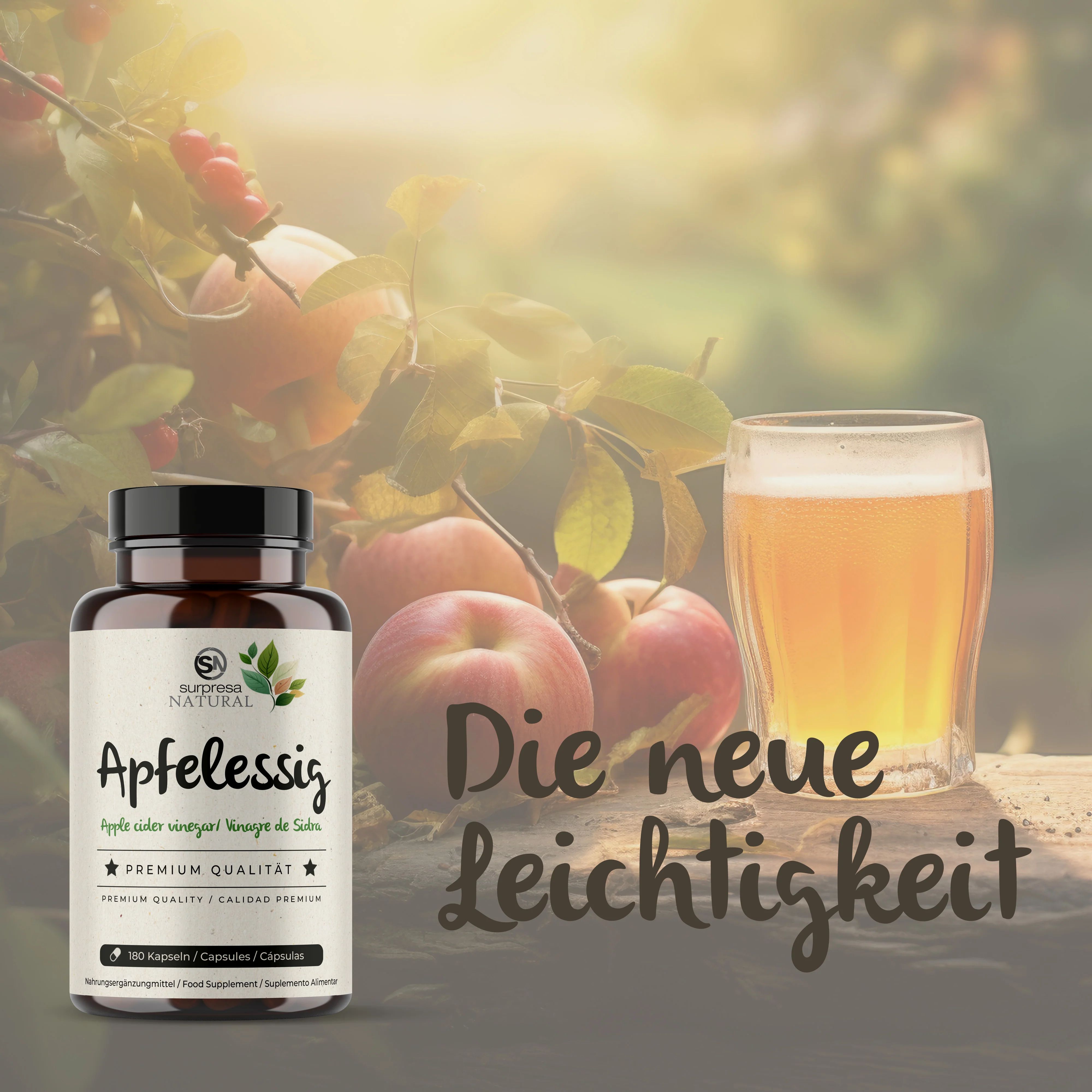 Bruine fles met appelazijn capsules, appels en een glas appelsap. Tekst: De nieuwe lichtheid.
