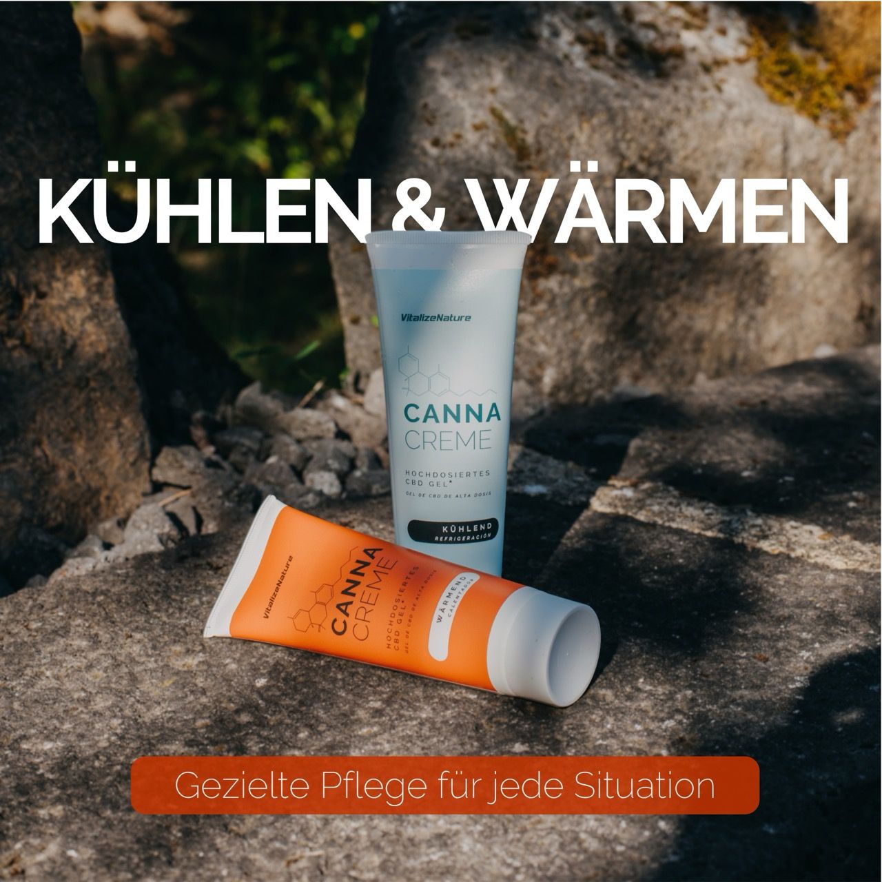 Twee Canna Creme tubes. Tekst: KOELEN & VERWARMEN. Gerichte verzorging.