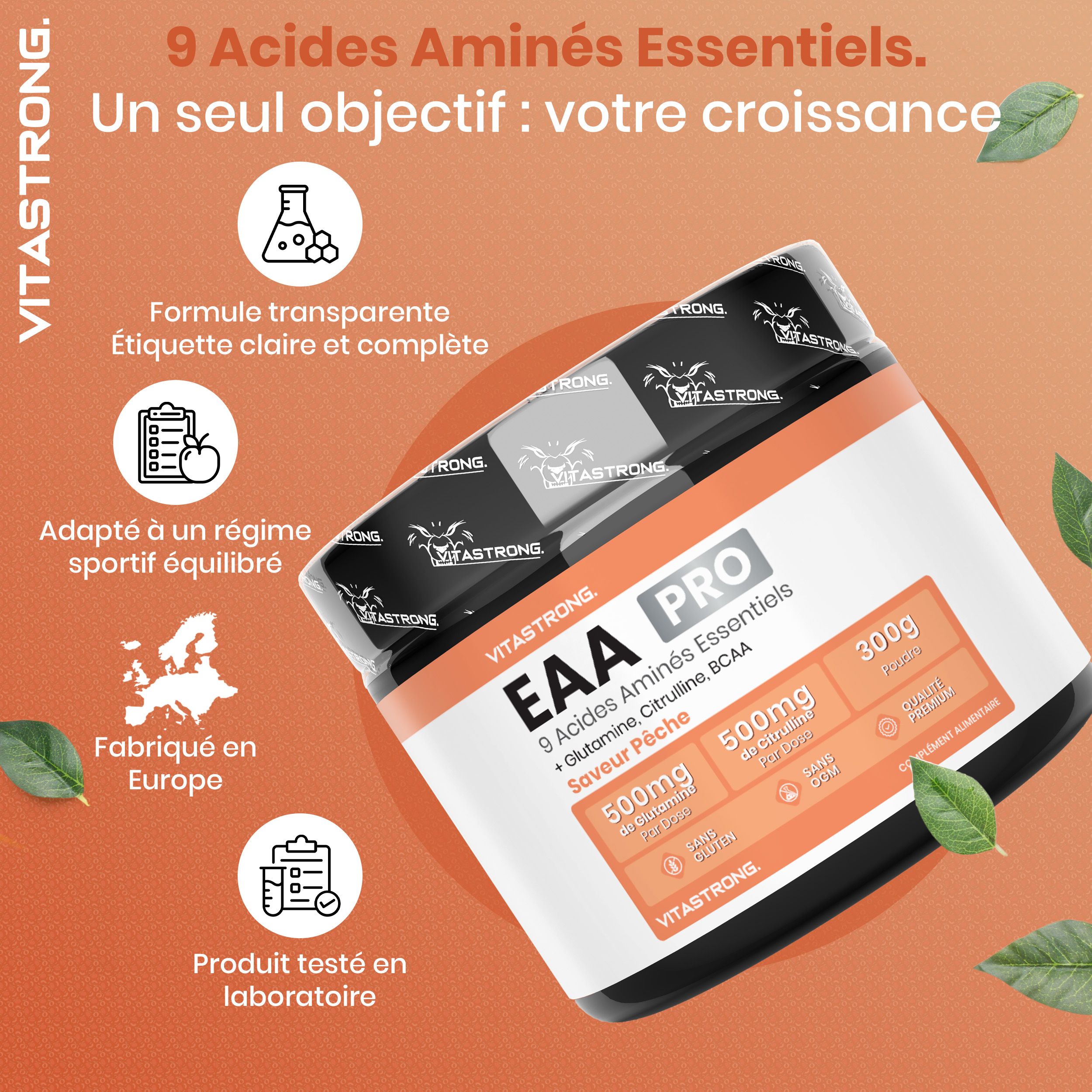 Vitastrong EAA Pro, pot. 9 essentiële aminozuren. Eén doel: uw groei. Gemaakt in Europa. Product getest in laboratorium.